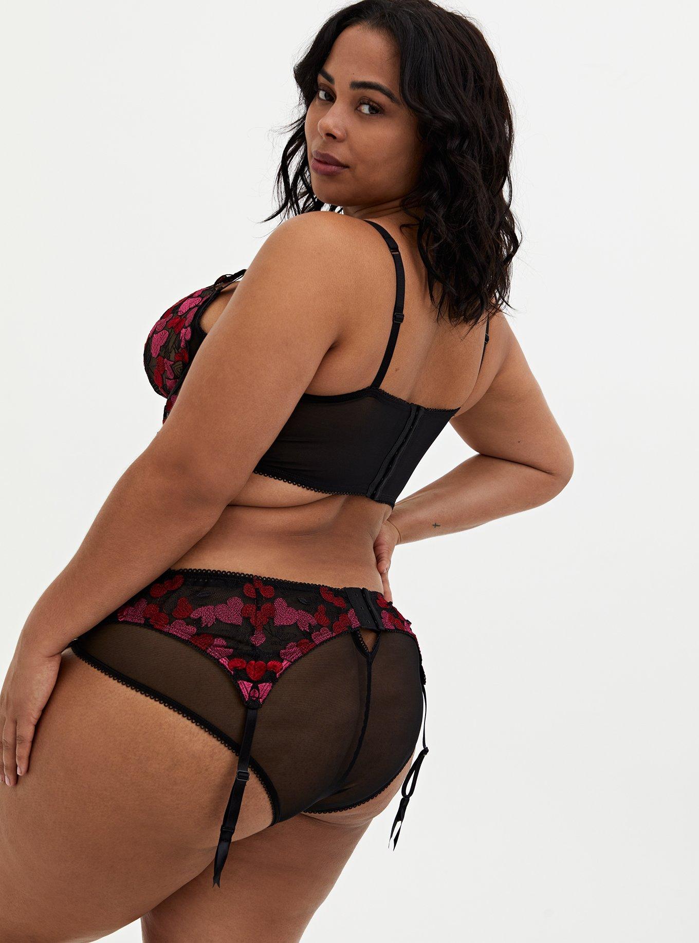 Plus Size  Black & Pink Heart Embroidered Mesh Garter Belt, , alternate