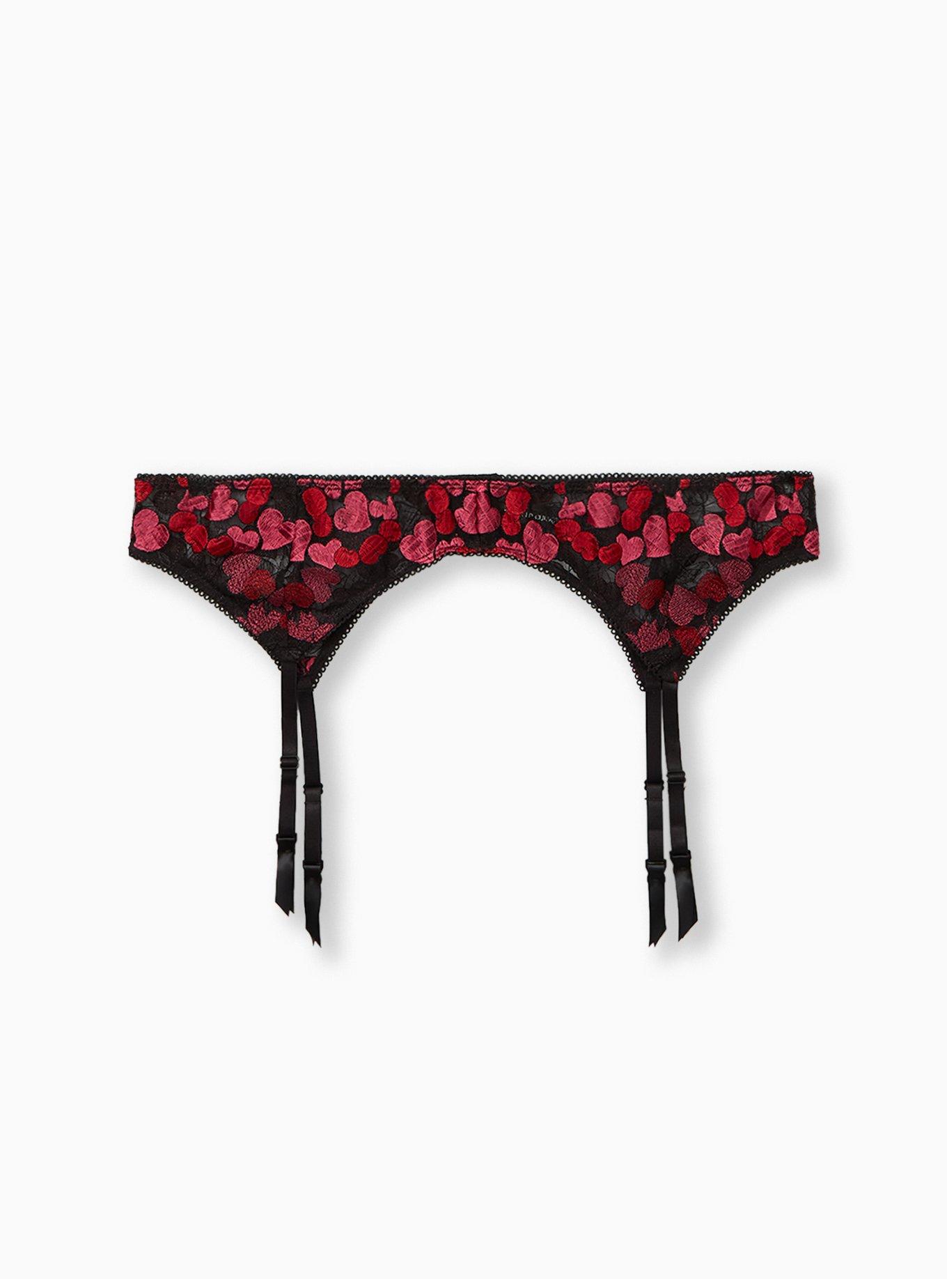 Plus Size  Black & Pink Heart Embroidered Mesh Garter Belt, , hi-res