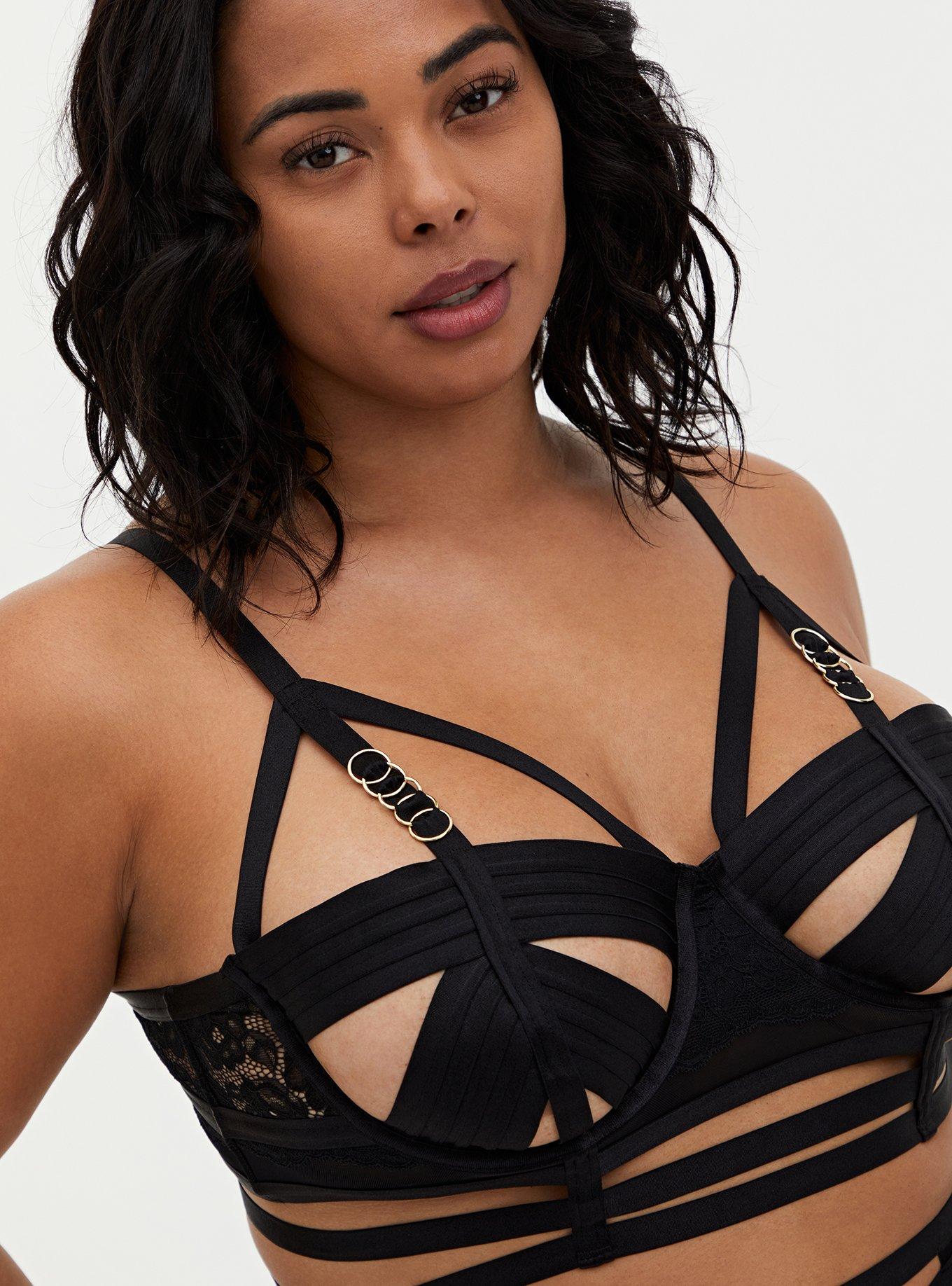 Plus Size - Black Faux Leather & Lace Lattice Unlined Longline Underwire  Bralette - Torrid