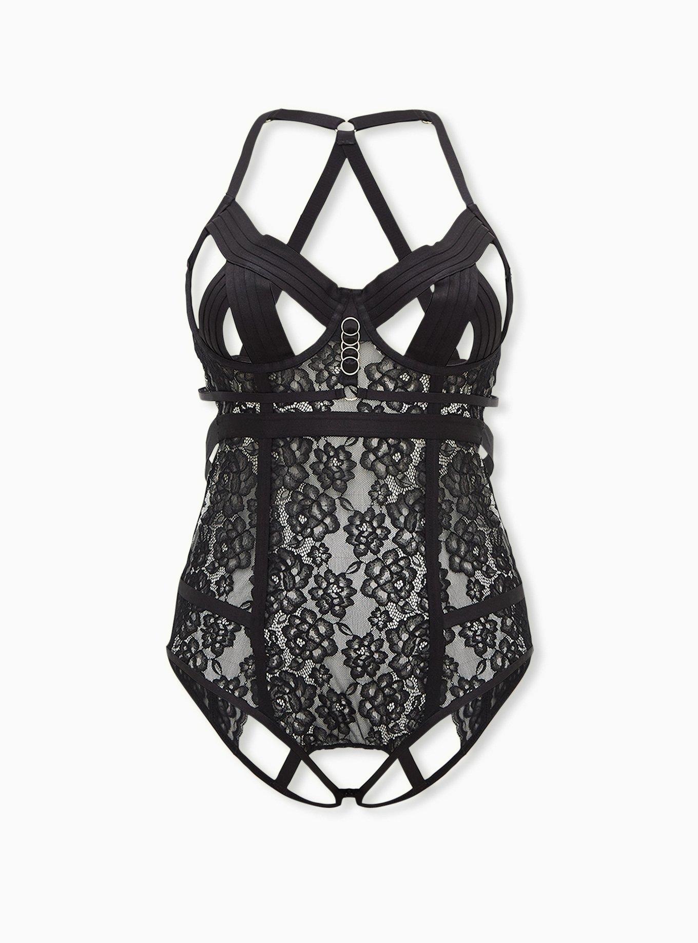 Plus Size - Black Lace Cutout Cage Underwire Longline Bralette - Torrid