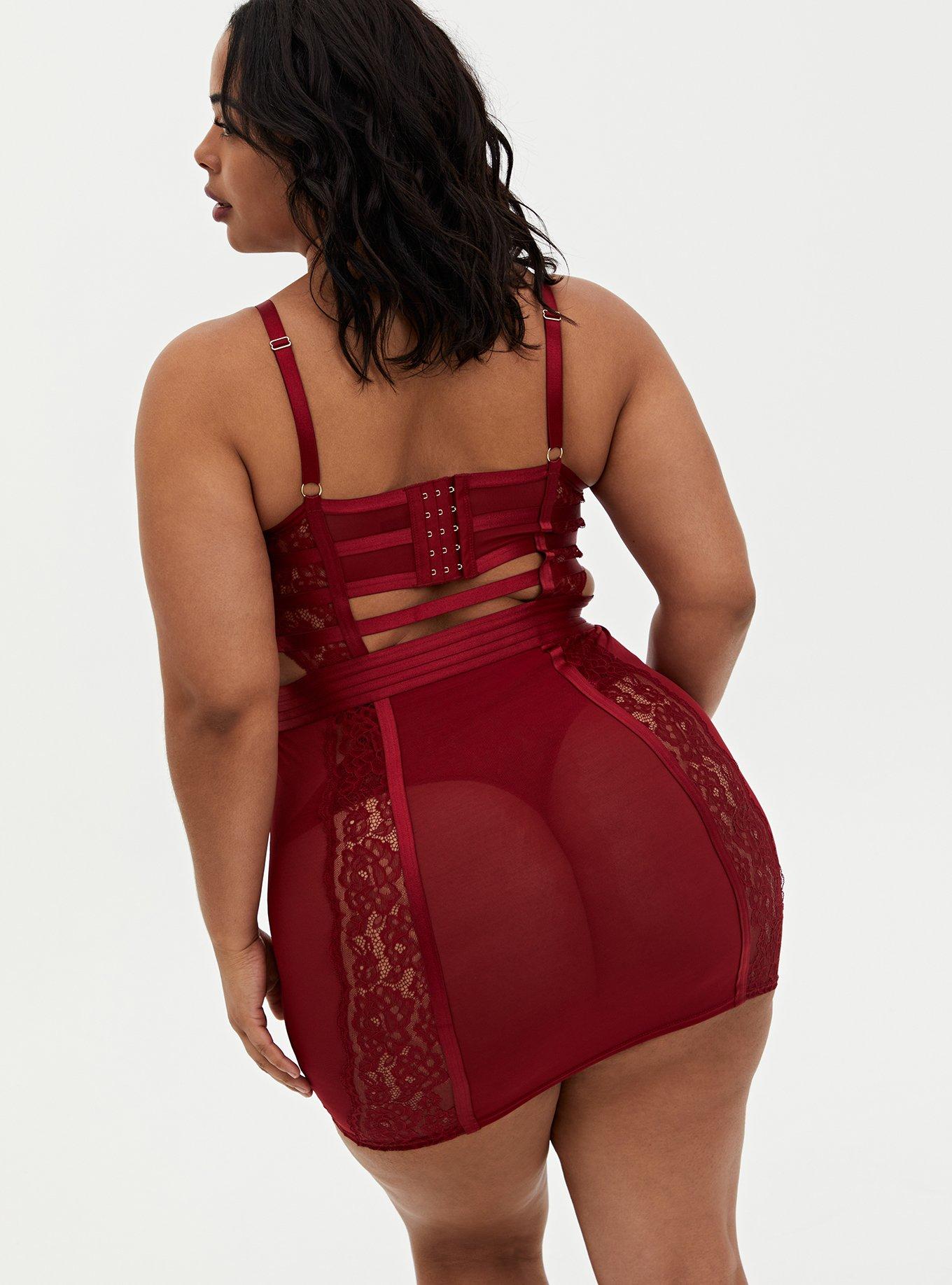 Plus Size - Dark Red Mesh & Lace Cutout Cage Underwire Chemise