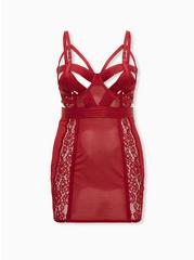 Dark Red Mesh & Lace Cutout Cage Underwire Chemise, BIKING RED, hi-res