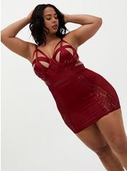 Dark Red Mesh & Lace Cutout Cage Underwire Chemise, BIKING RED, hi-res