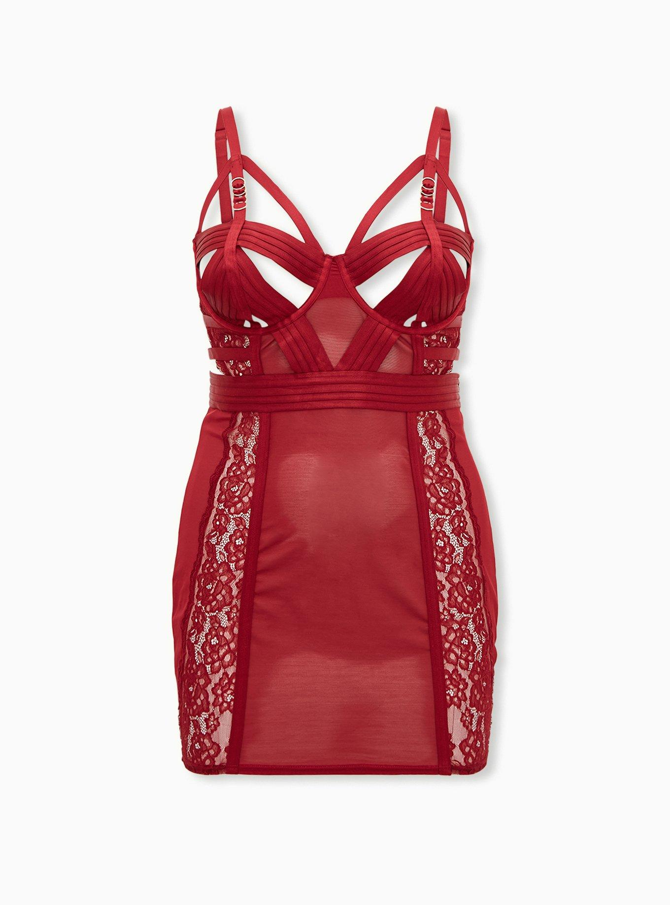Dark Red Mesh & Lace Cutout Cage Underwire Chemise, , hi-res
