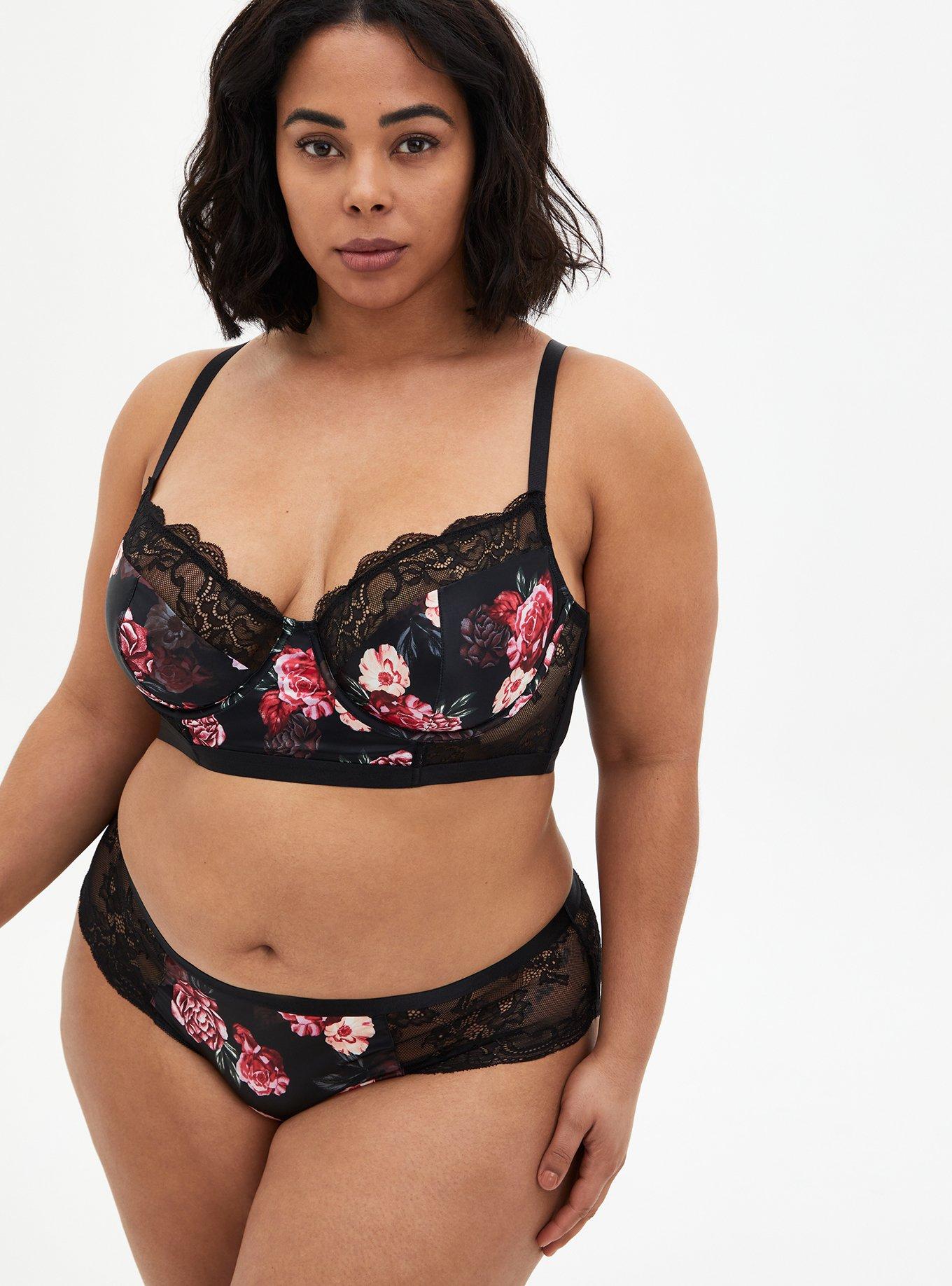 Plus Size Black Floral Satin & Lace Underwire Longline Bralette, MILLENIAL FLORAL, alternate