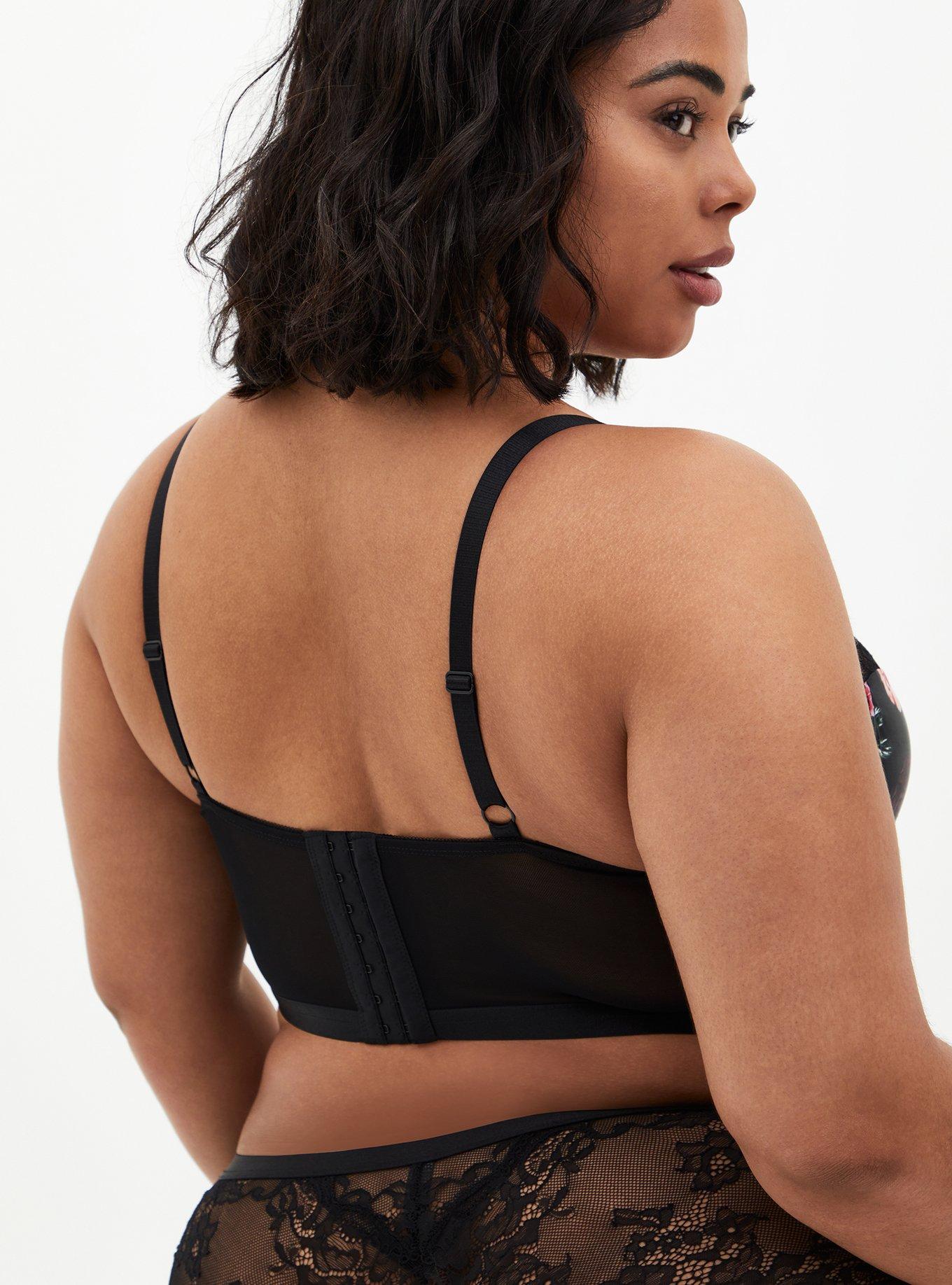Plus Size Black Floral Satin & Lace Underwire Longline Bralette, MILLENIAL FLORAL, alternate