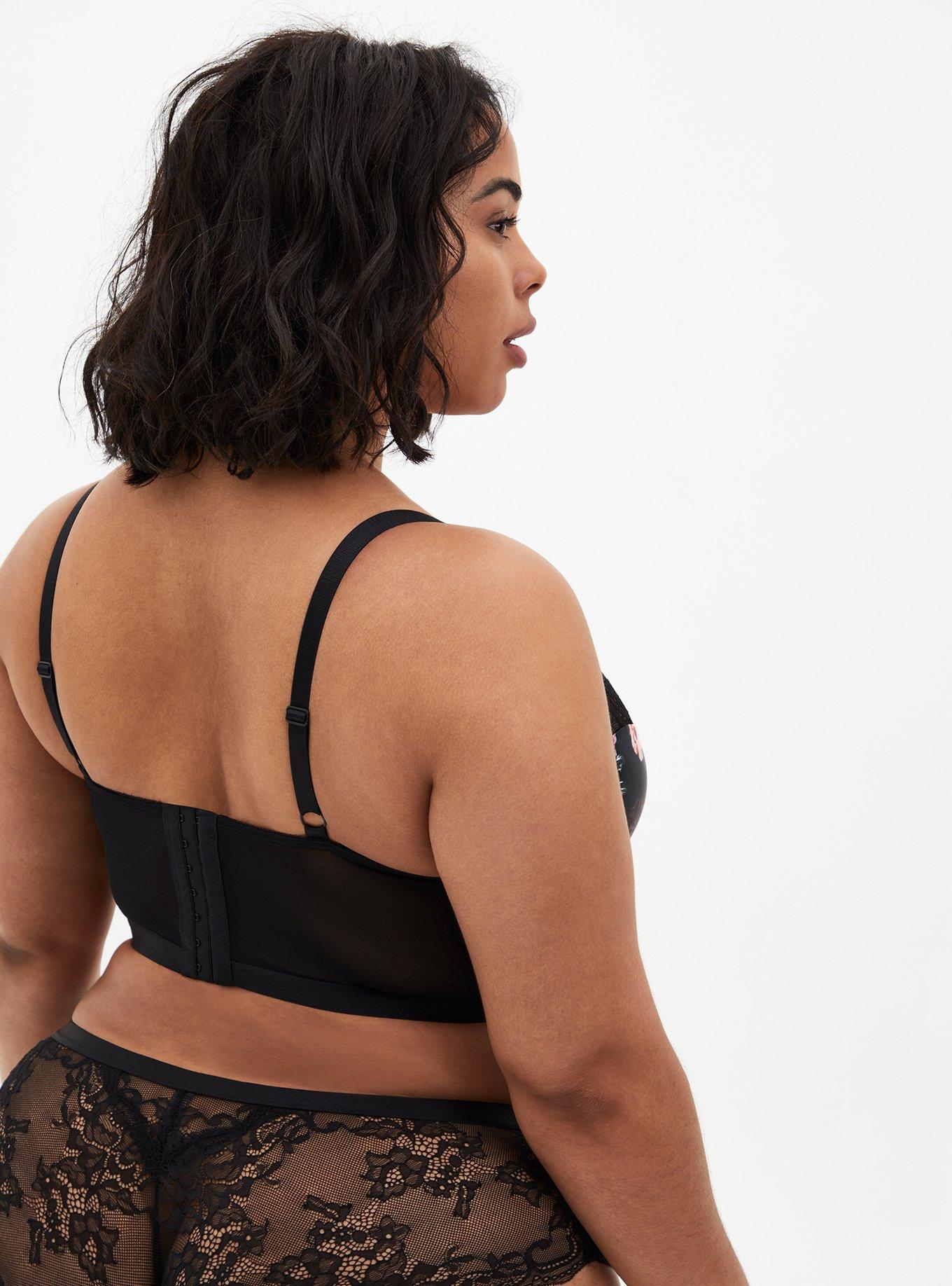 Plus Size Black Floral Satin & Lace Underwire Longline Bralette, MILLENIAL FLORAL, alternate