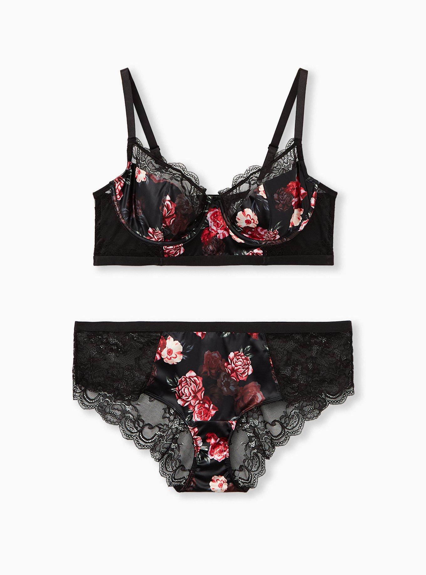 Plus Size Black Floral Satin & Lace Underwire Longline Bralette, MILLENIAL FLORAL, alternate
