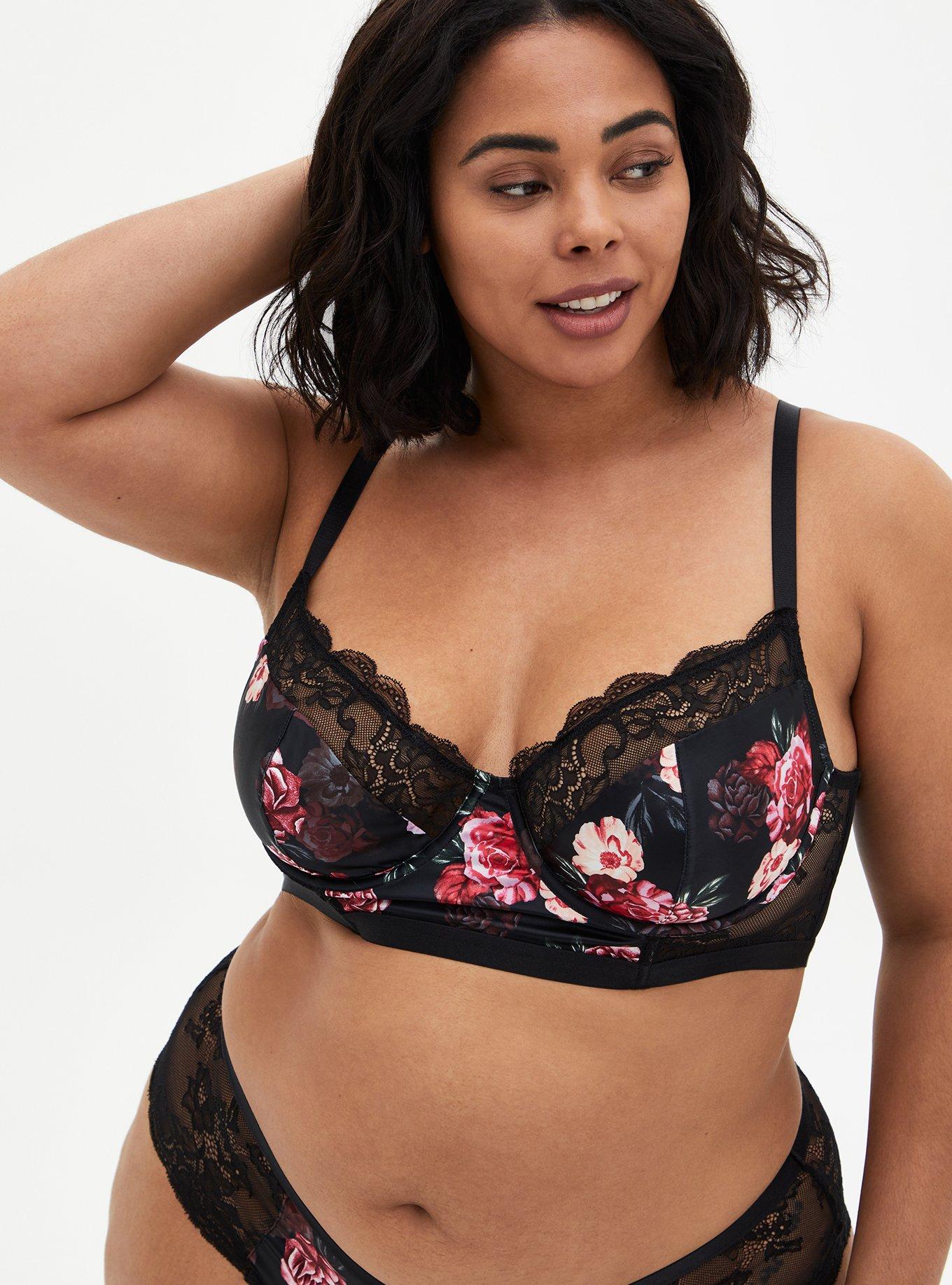 Black Floral Satin & Lace Underwire Longline Bralette, , hi-res