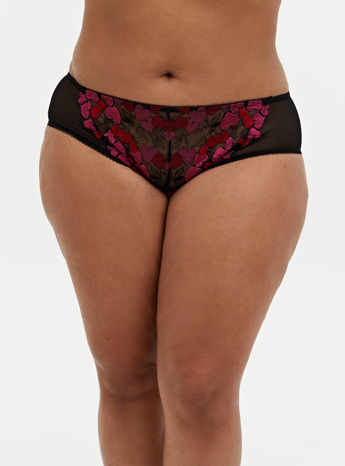 Plus Size - Black & Pink Heart Embroidered Back Slit Hipster Panty