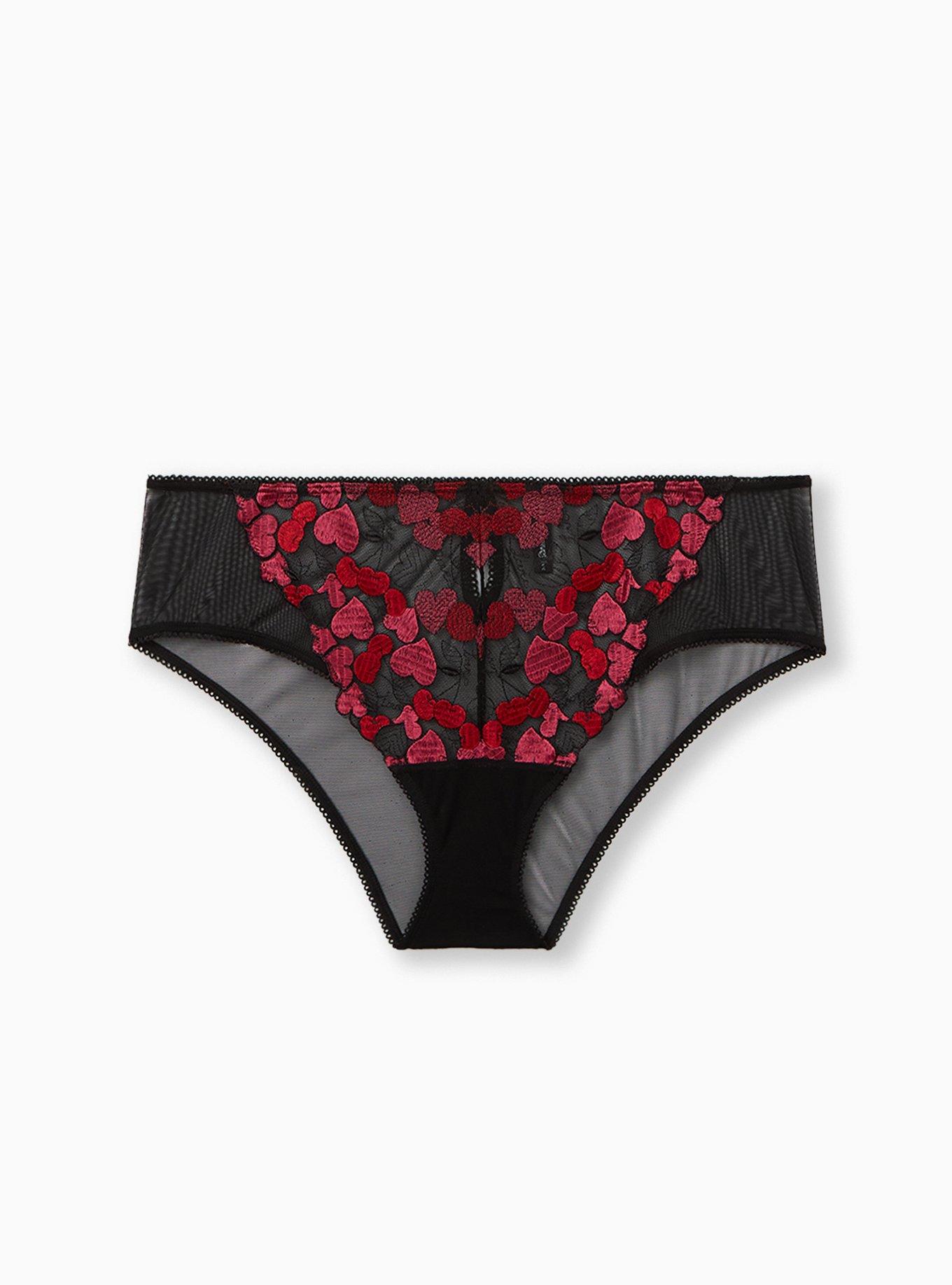 Black & Pink Heart Embroidered Back Slit Hipster Panty, , hi-res
