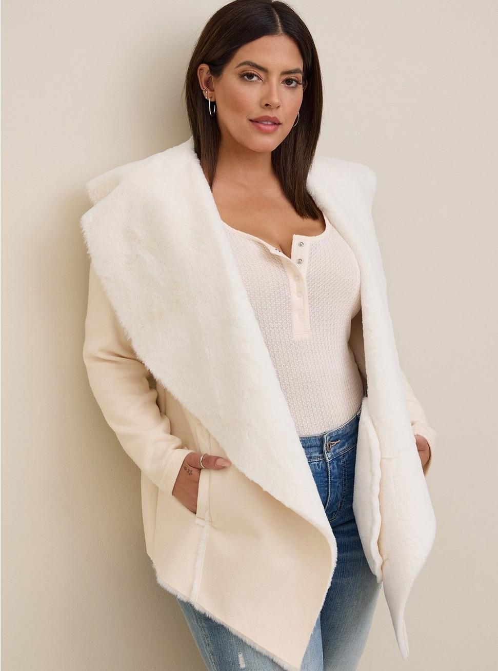 Plus Size - White Faux Suede & Faux Fur Drape Front Jacket - Torrid