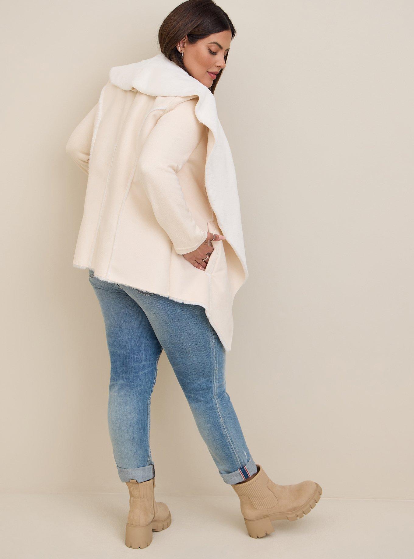 Plus Size - White Faux Suede & Faux Fur Drape Front Jacket - Torrid