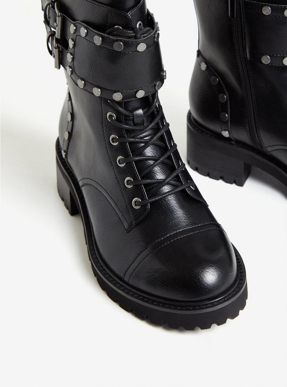 Plus Size - Black Faux Leather Studded Combat Bootie (WW) - Torrid