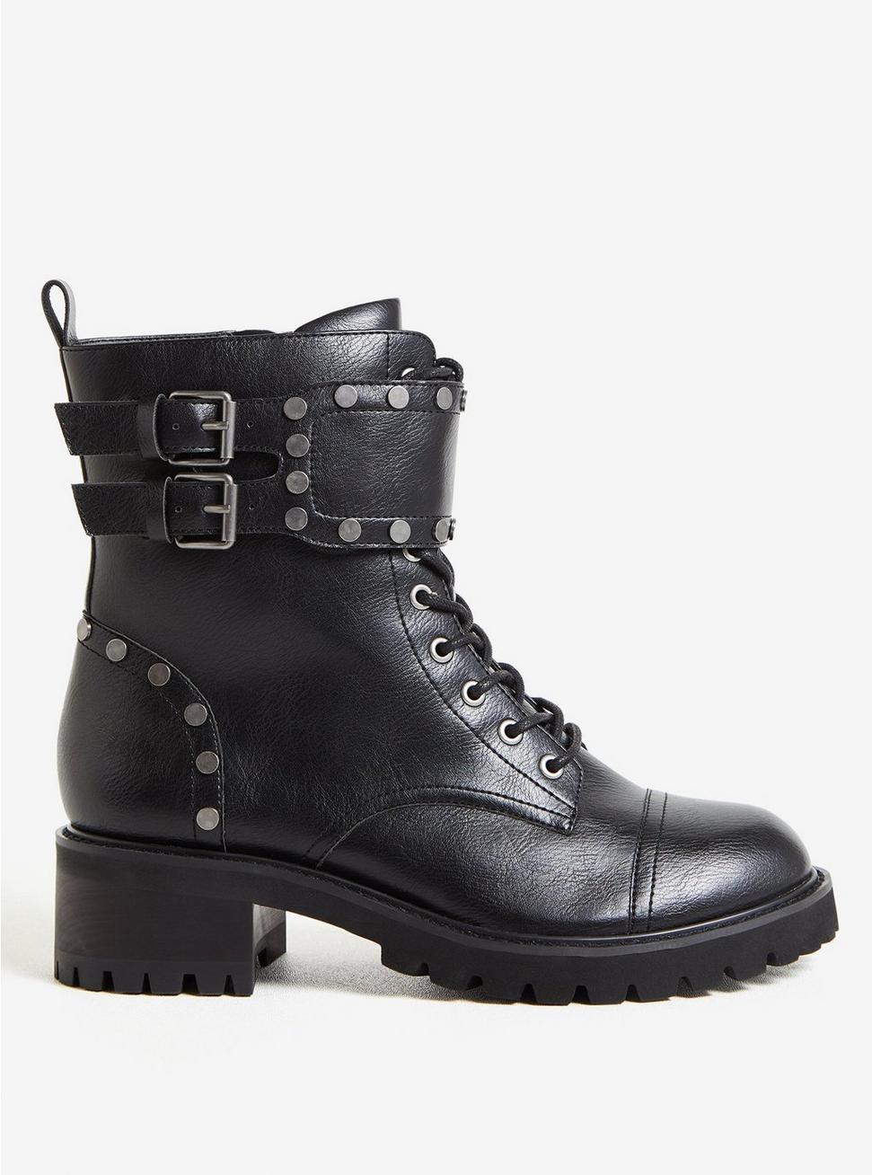Plus Size - Black Faux Leather Studded Combat Bootie (WW) - Torrid