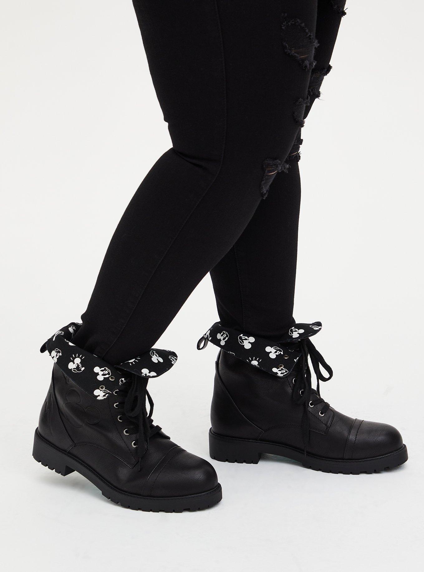 Plus Size - Disney Mickey Black Faux Leather Foldover Combat Boot