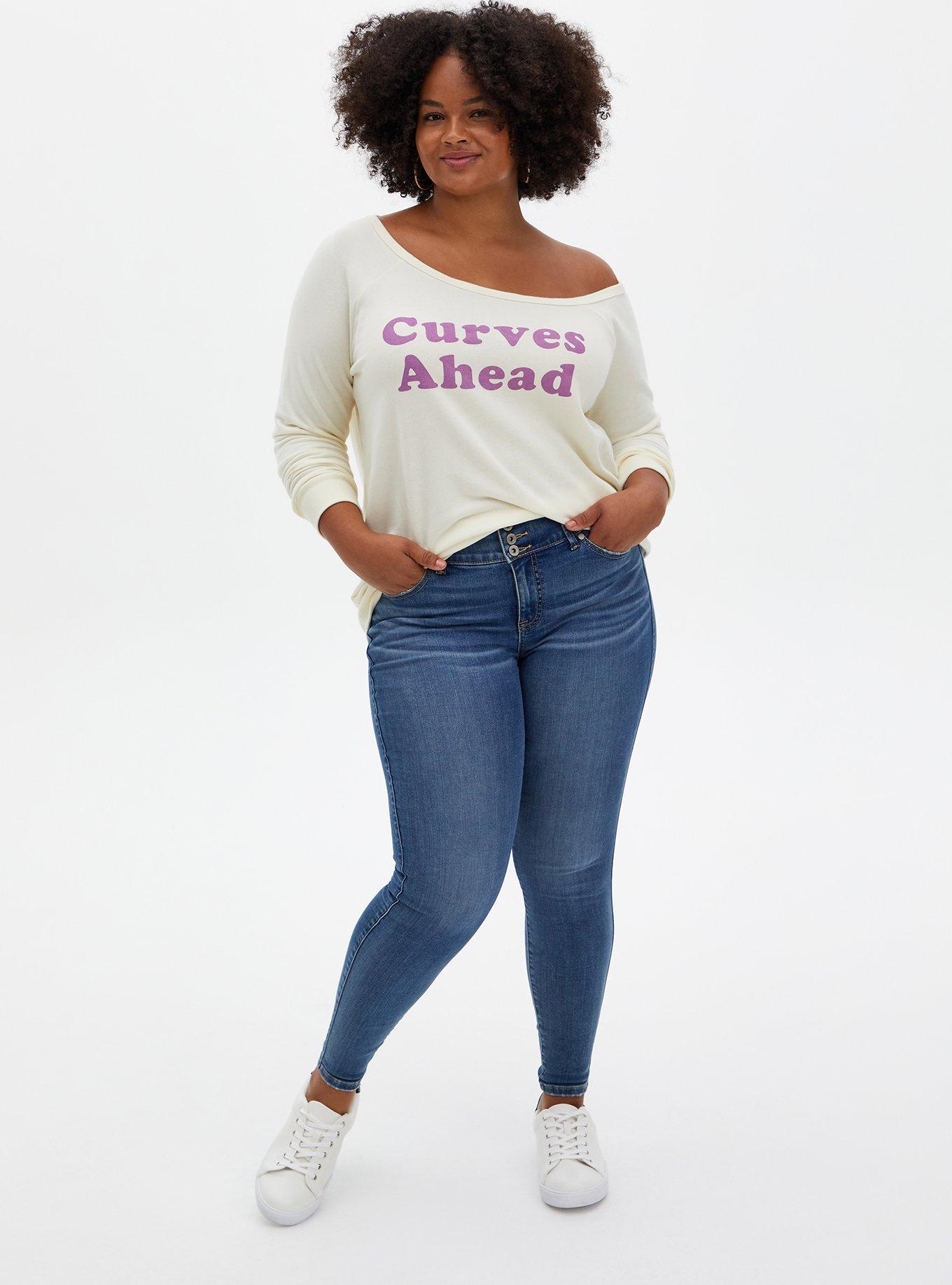Plus Size Curves Ahead White Terry Off Shoulder Sweatshirt, MARSHMALLOW, alternate