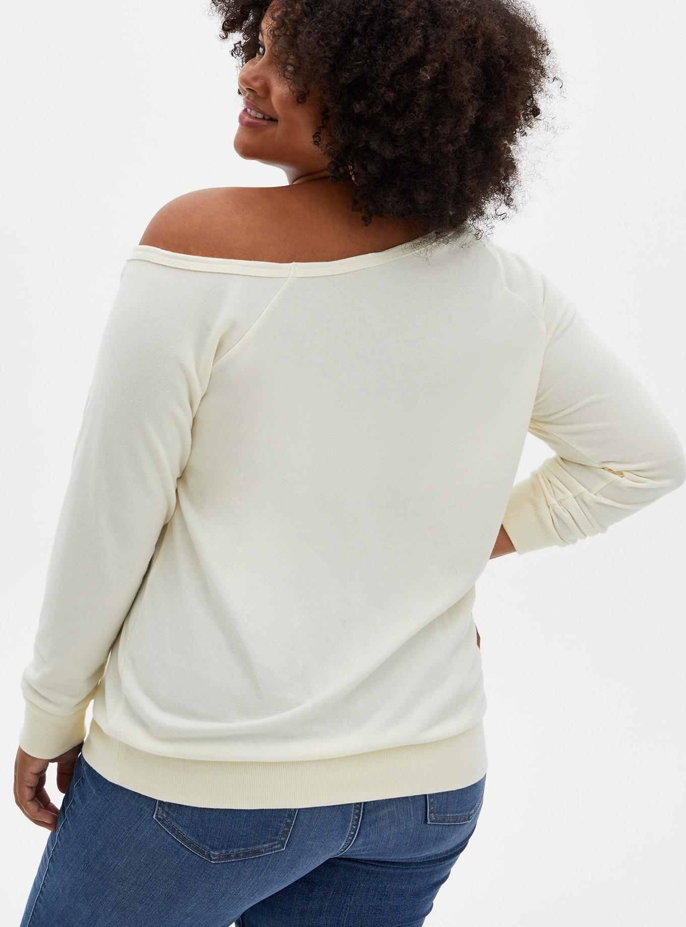 Plus Size Curves Ahead White Terry Off Shoulder Sweatshirt, MARSHMALLOW, alternate