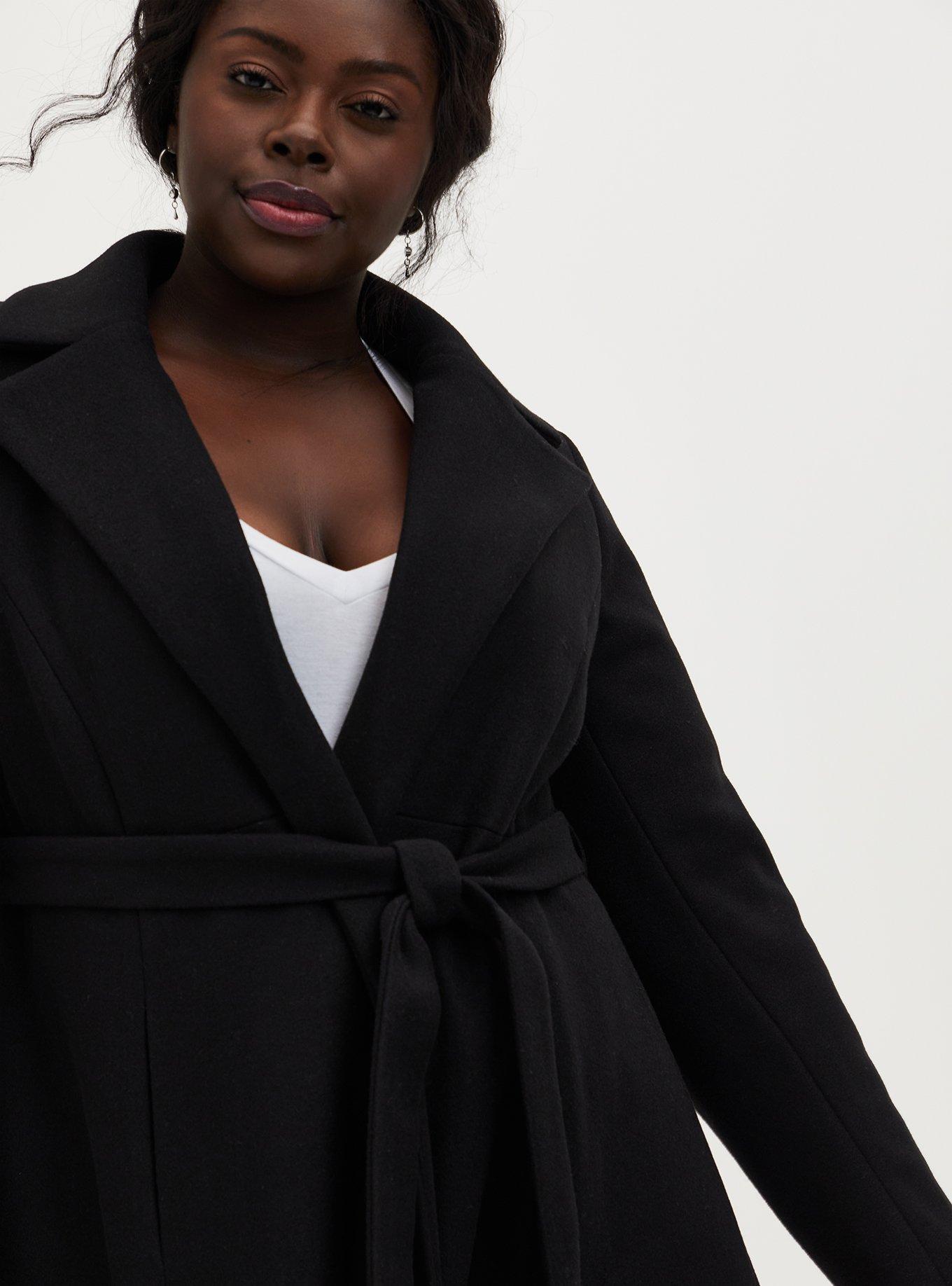 Plus Size Black Belted Wrap Coat