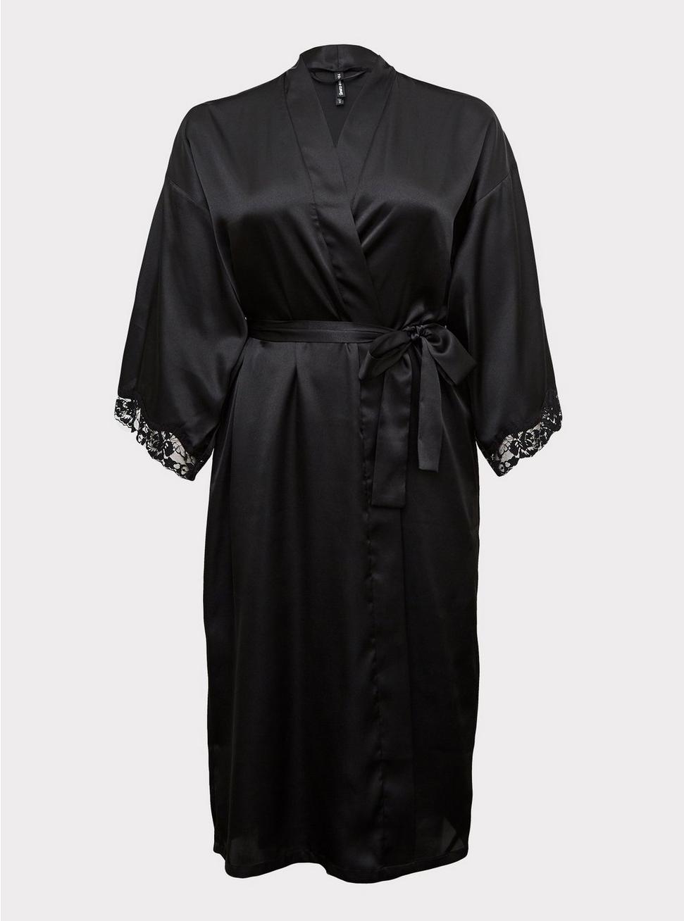 Plus Size Satin Long Lingerie Robe, RICH BLACK, hi-res