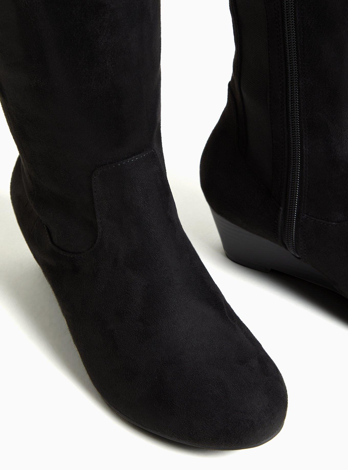 Black suede wedge knee high boots best sale