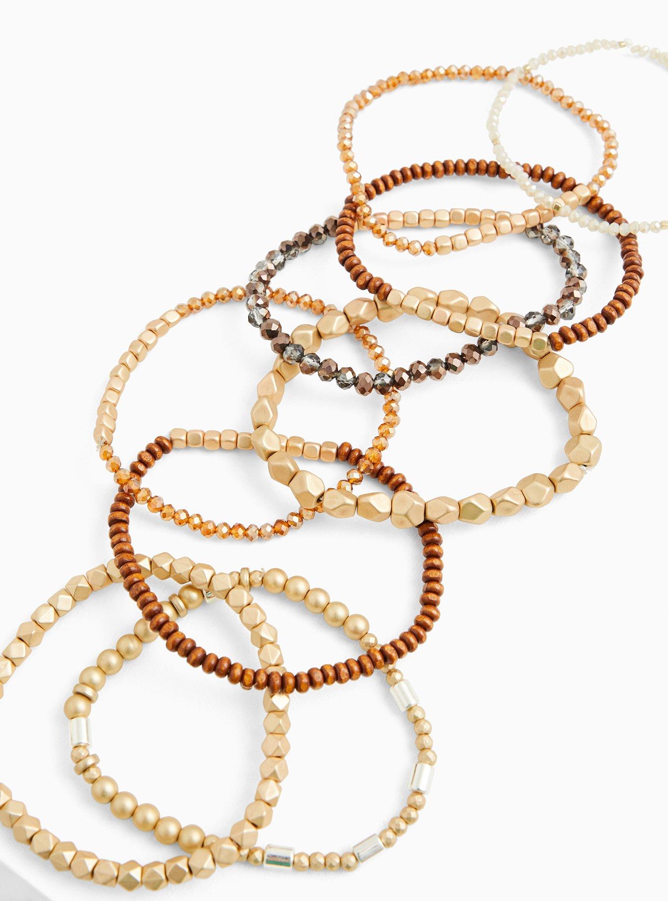 Plus Size Brown & Gold Beaded Stretch Bracelet Set Of 9, BROWN, alternate