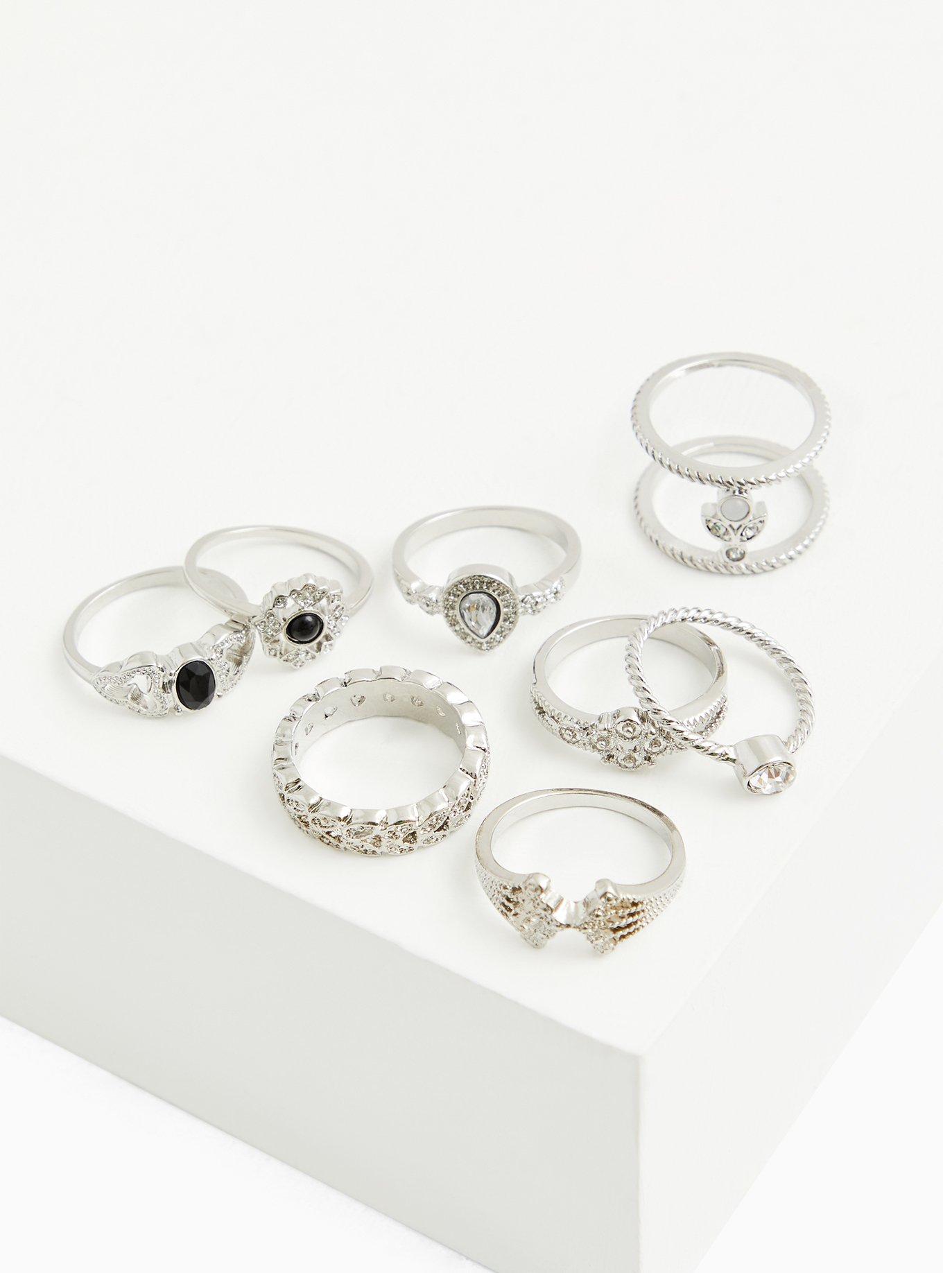 Plus Size Silver Tone Black Faux Stone Ring Set Set of 8 Torrid