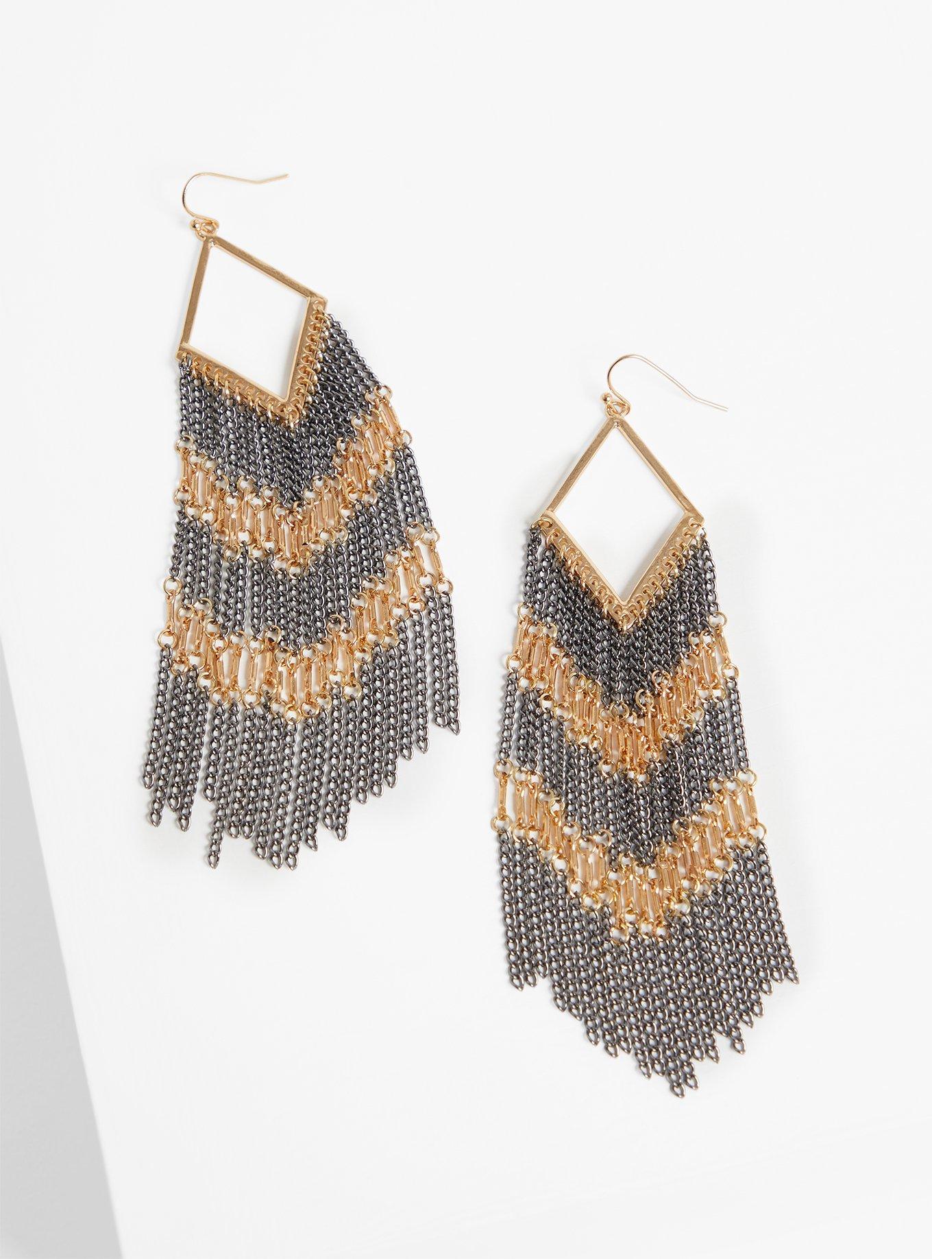Black & Gold Chevron Fringe Earrings, , alternate