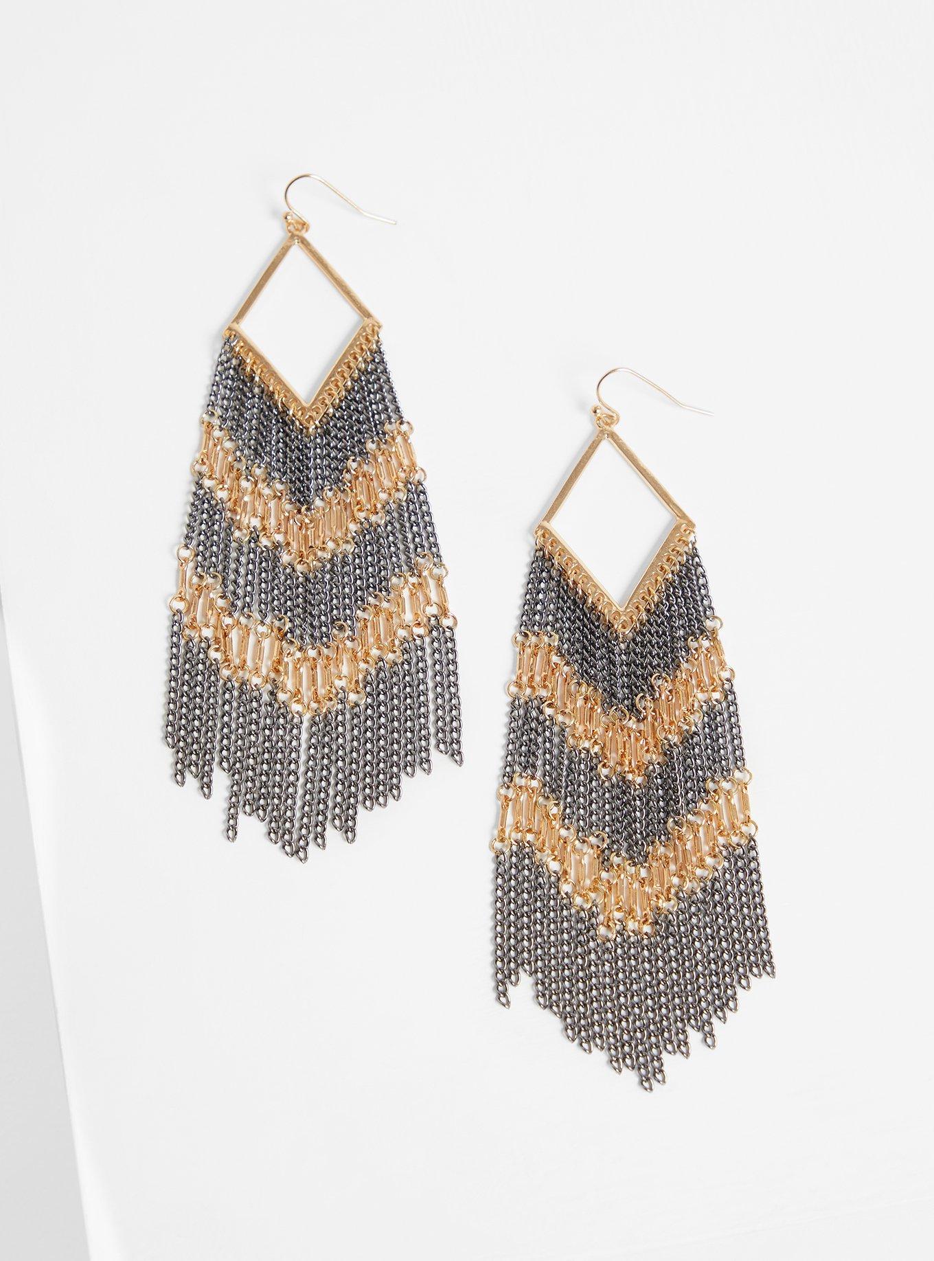 Black & Gold Chevron Fringe Earrings, , alternate