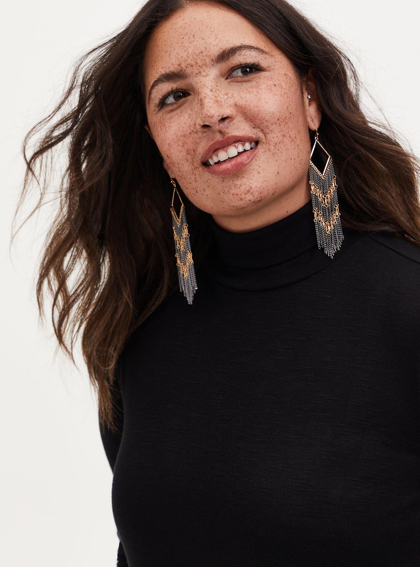 Black & Gold Chevron Fringe Earrings, , hi-res