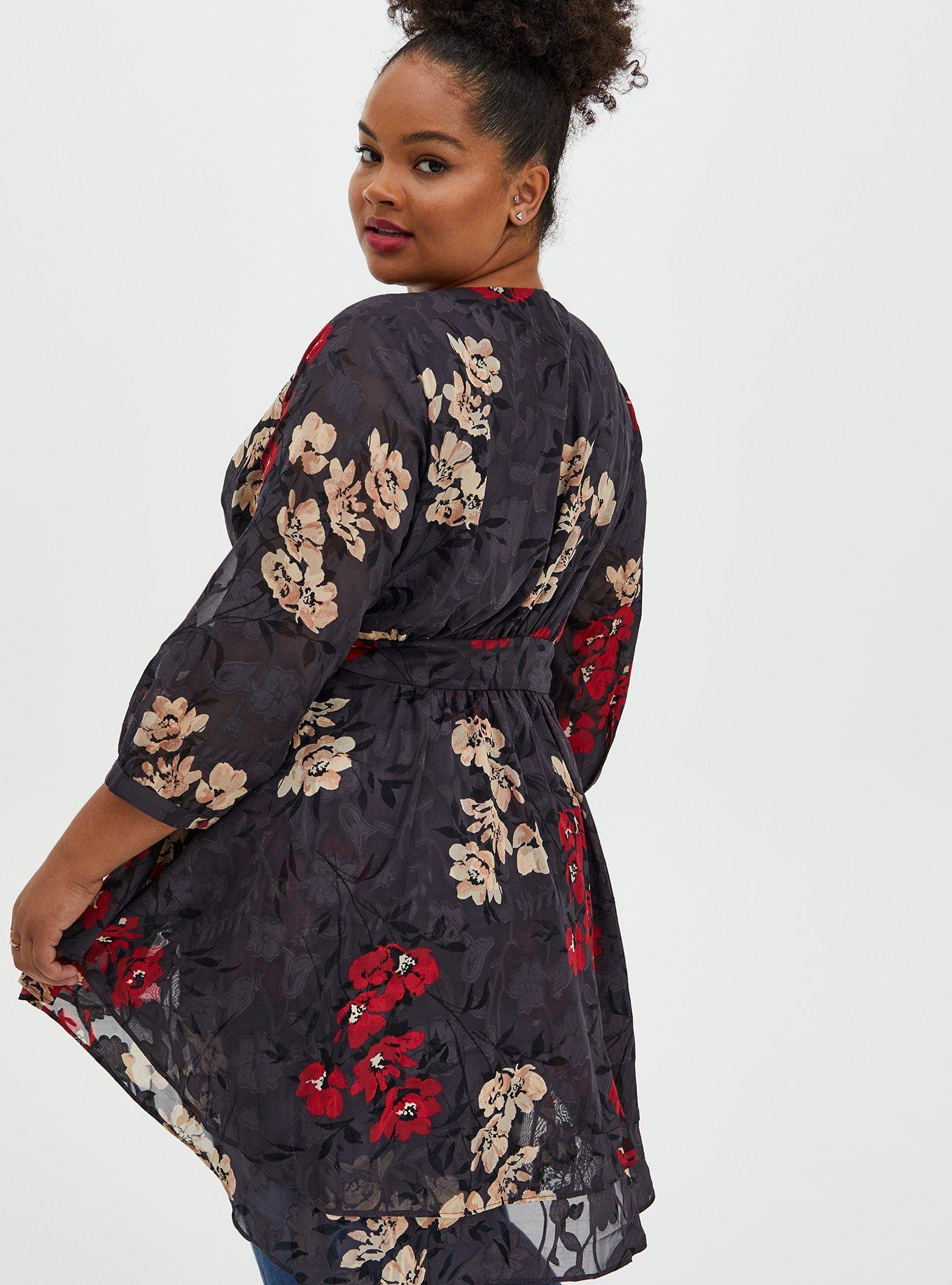 Plus Size - Dark Slate Grey Clip Floral Hi-Lo Wrap Blouse - Torrid