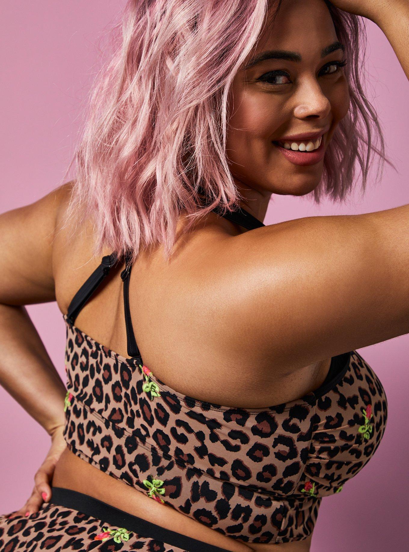 Plus Size - Betsey Johnson Leopard Floral Mesh Wireless High Neck