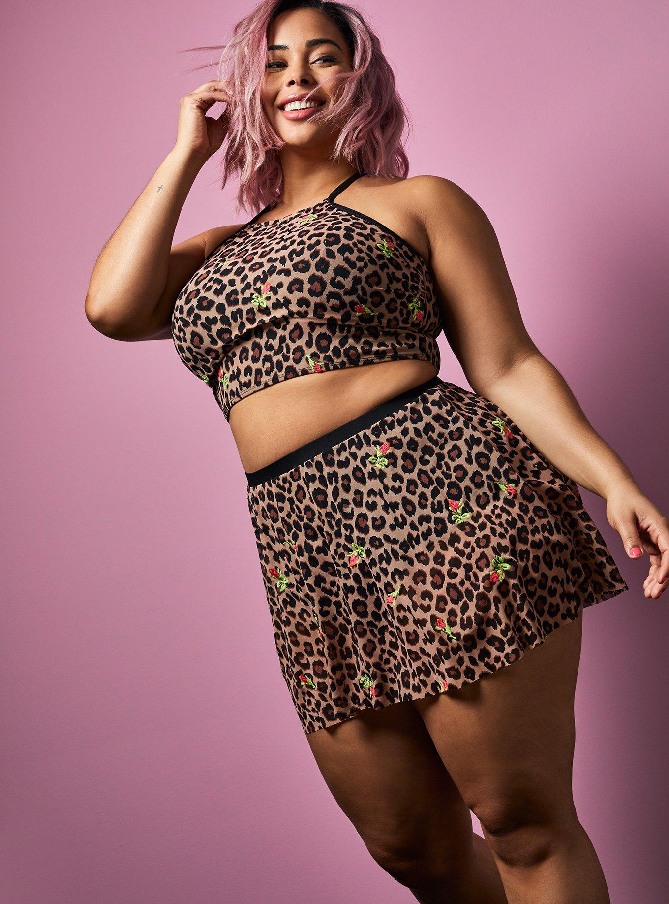 Plus Size - Betsey Johnson Leopard Floral Mesh High Waist Skater Swim Skirt  - Torrid