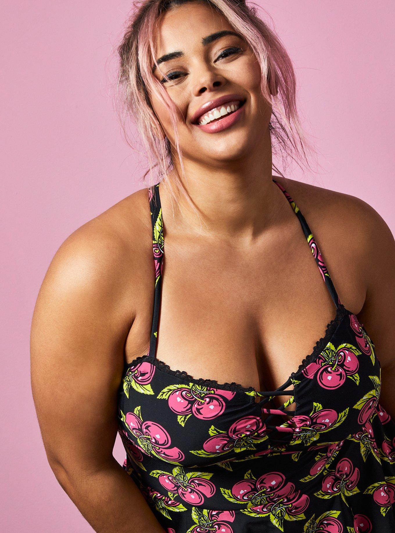 Plus Size - Betsey Johnson Black Cherry Wireless One-Piece Swim 