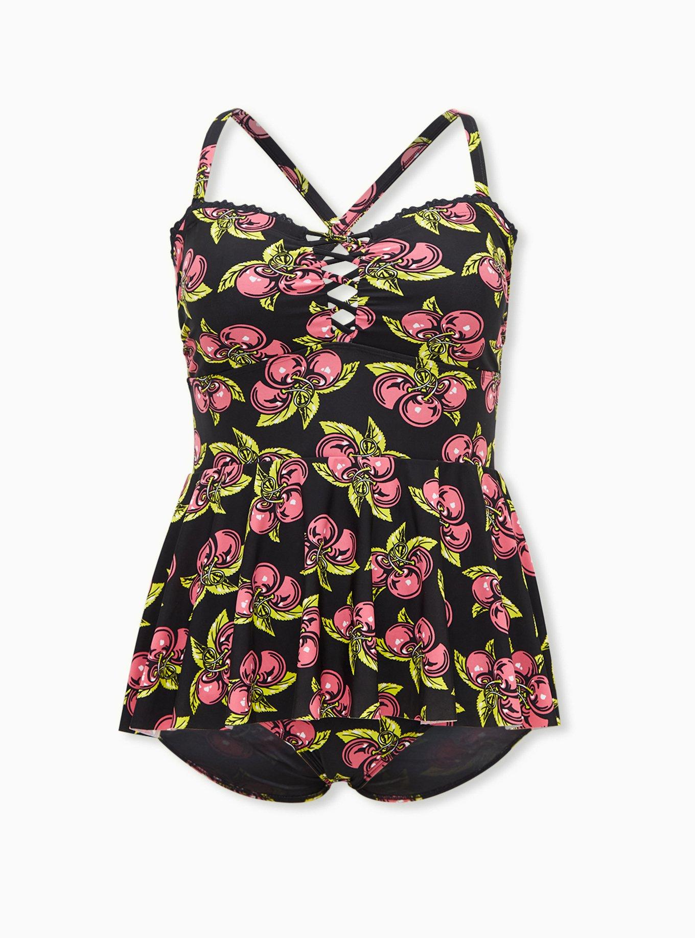 Plus Size Betsey Johnson Black Cherry Wireless One Piece Swim Dress Torrid