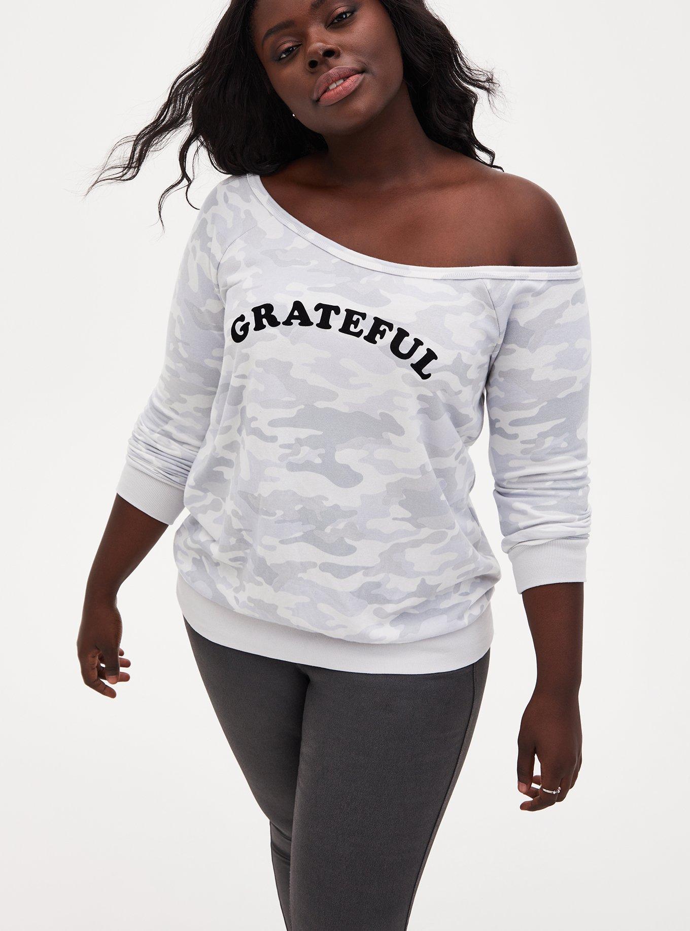 Plus Size Grateful Light Gray Camo Terry Off Shoulder Sweatshirt Torrid