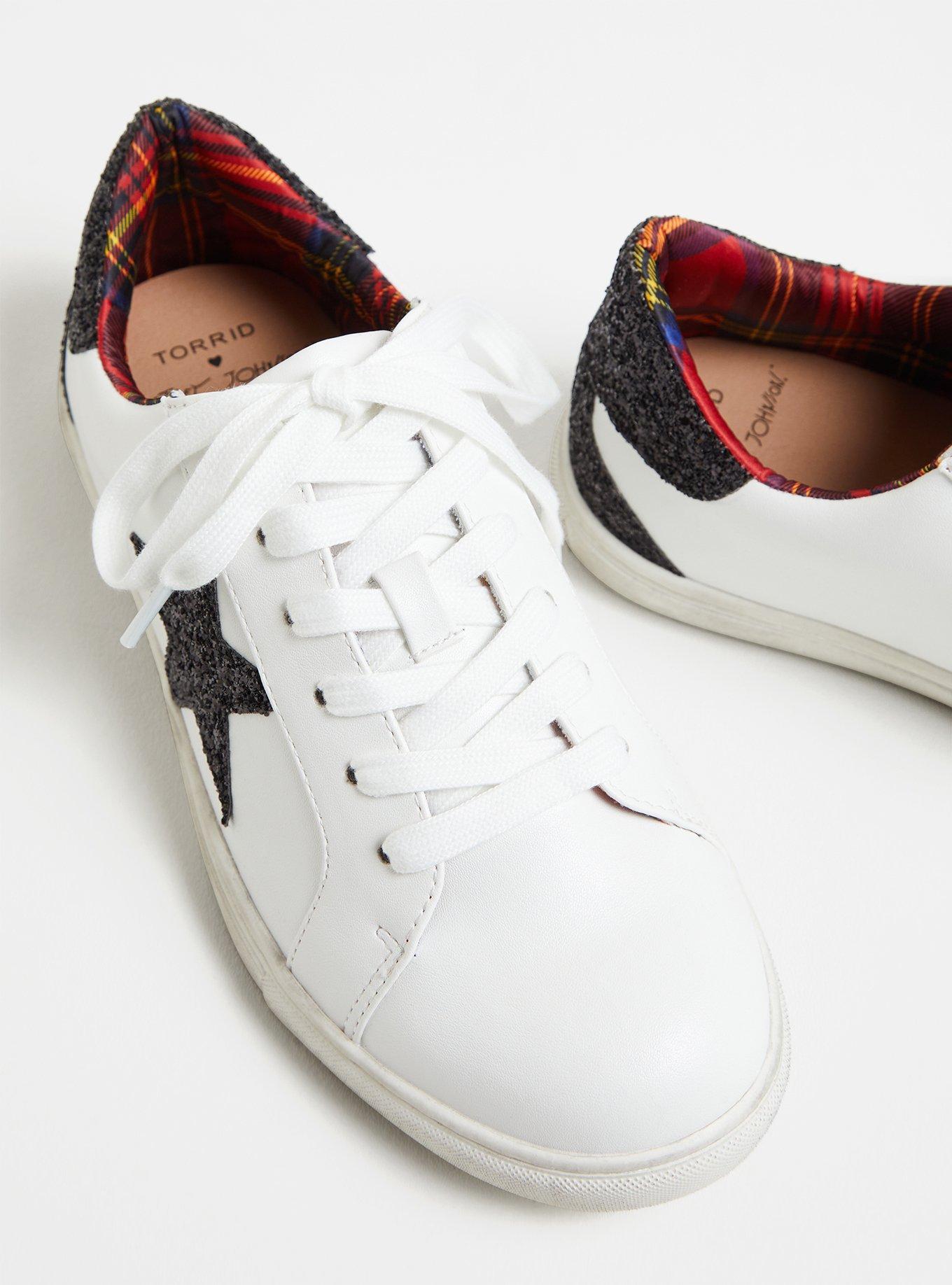 Betsey Johnson White Faux Leather Glitter Star Distressed Sneaker (WW), WHITE, alternate