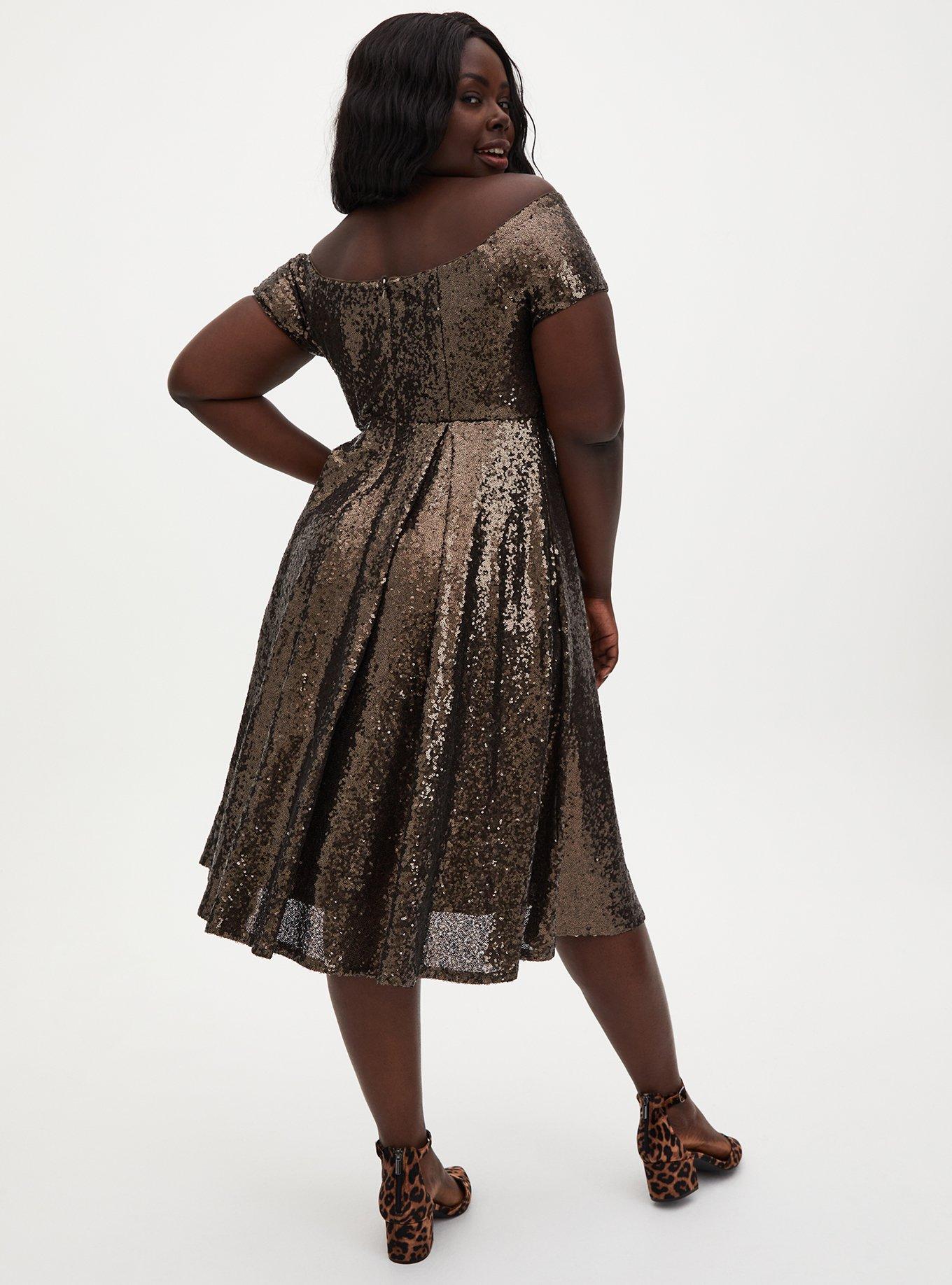 Chocolate Brown Sequin Off Shoulder Midi Dress, CHOCOLATE, alternate