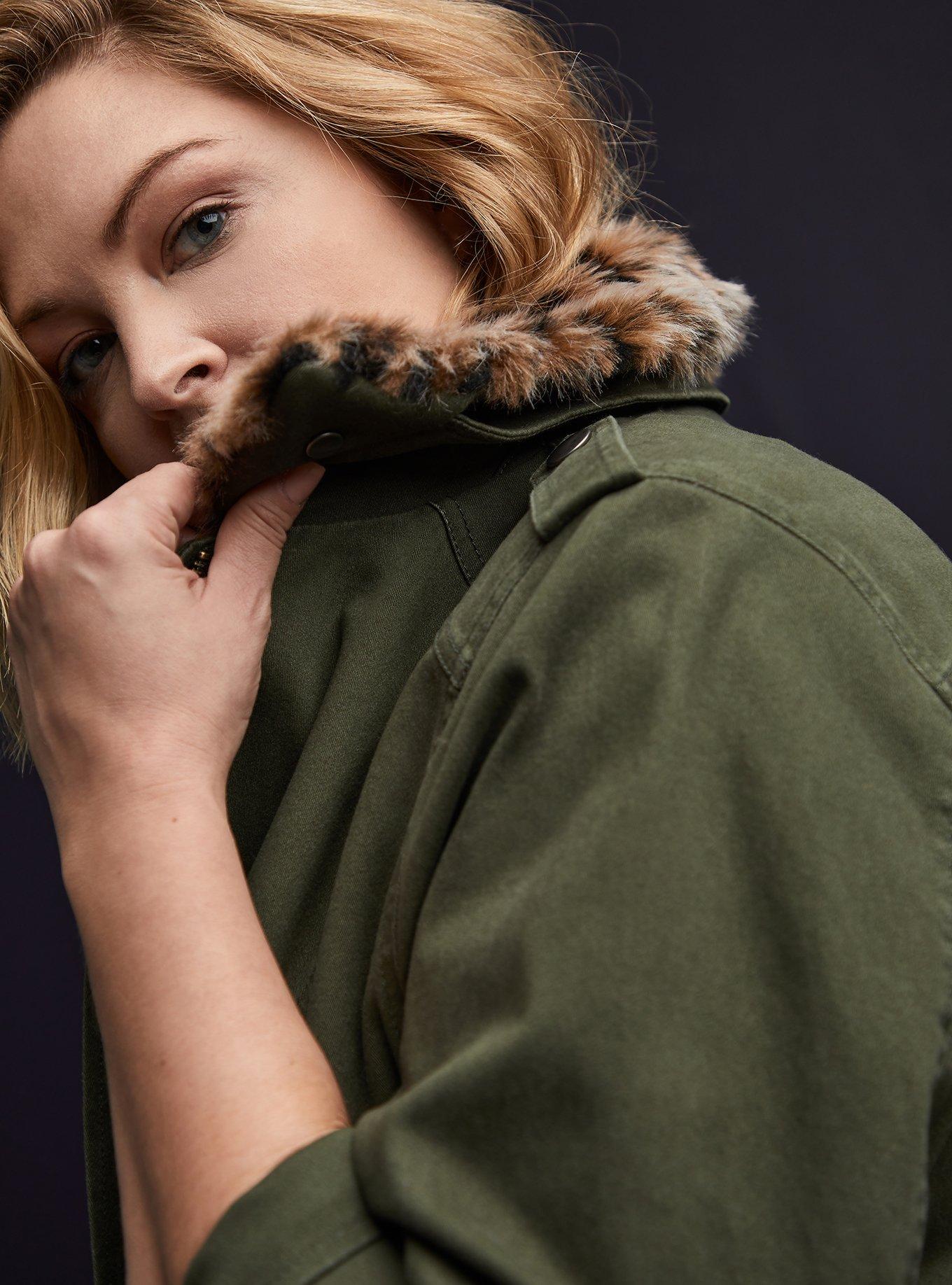 Plus Size Olive Green Twill Leopard Collar Faux Fur Lined Anorak Torrid