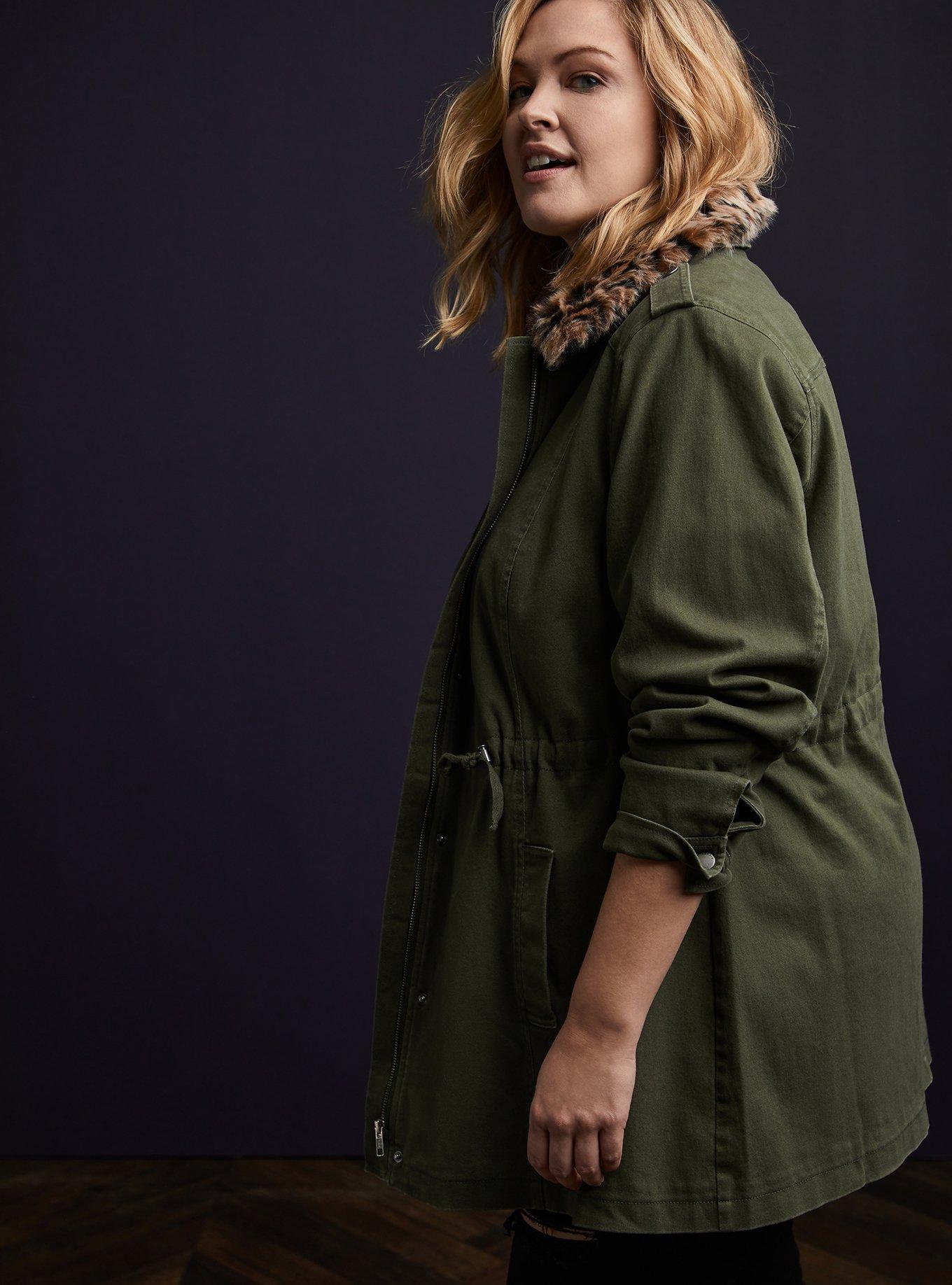 Plus Size Olive Green Twill & Leopard Collar Faux Fur Lined Anorak, DEEP DEPTHS, alternate