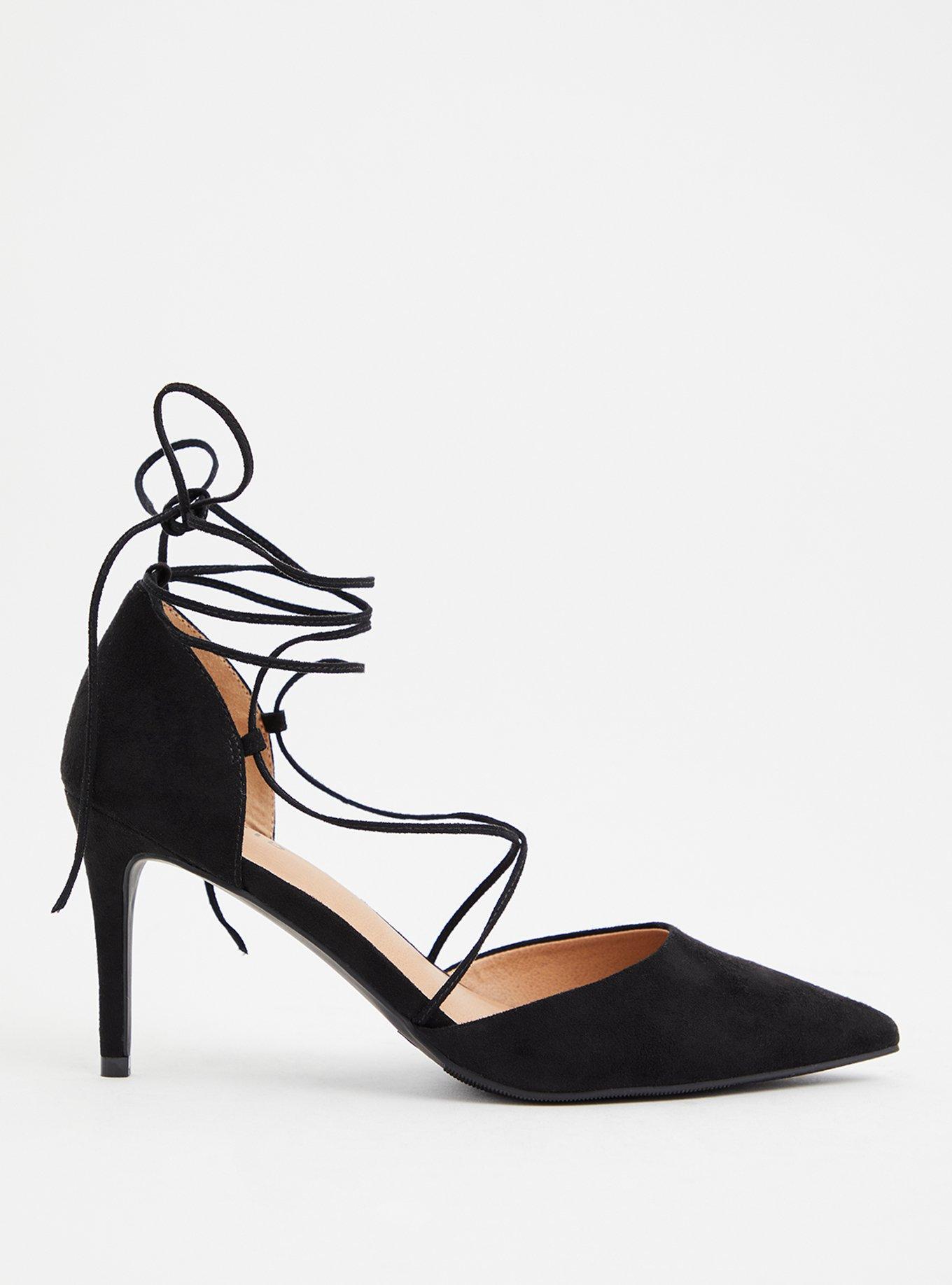 Plus Size Black Faux Suede Ankle Wrap Pointed Toe Heel (WW), , alternate