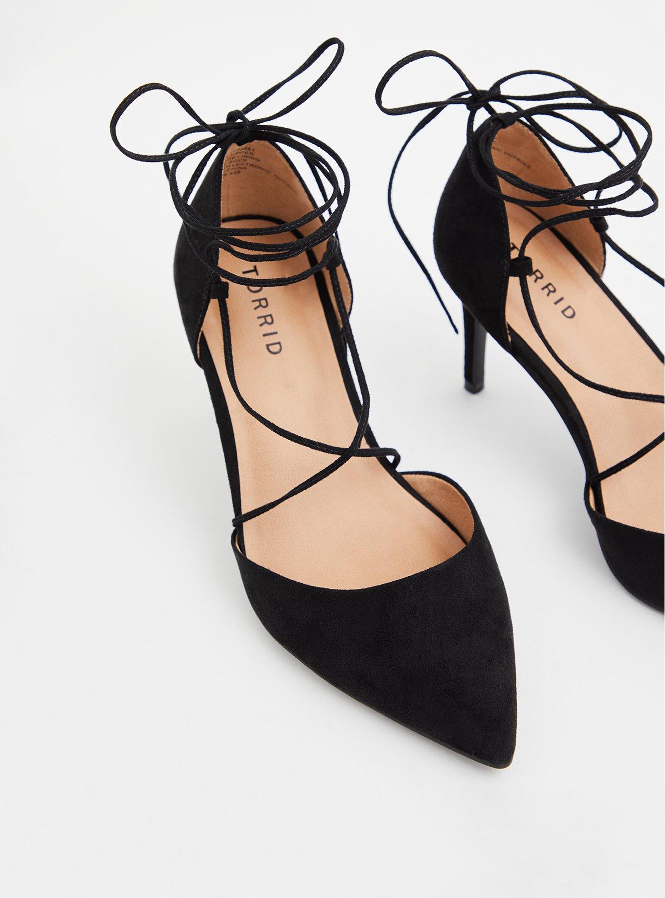 Plus Size Black Faux Suede Ankle Wrap Pointed Toe Heel (WW), , alternate