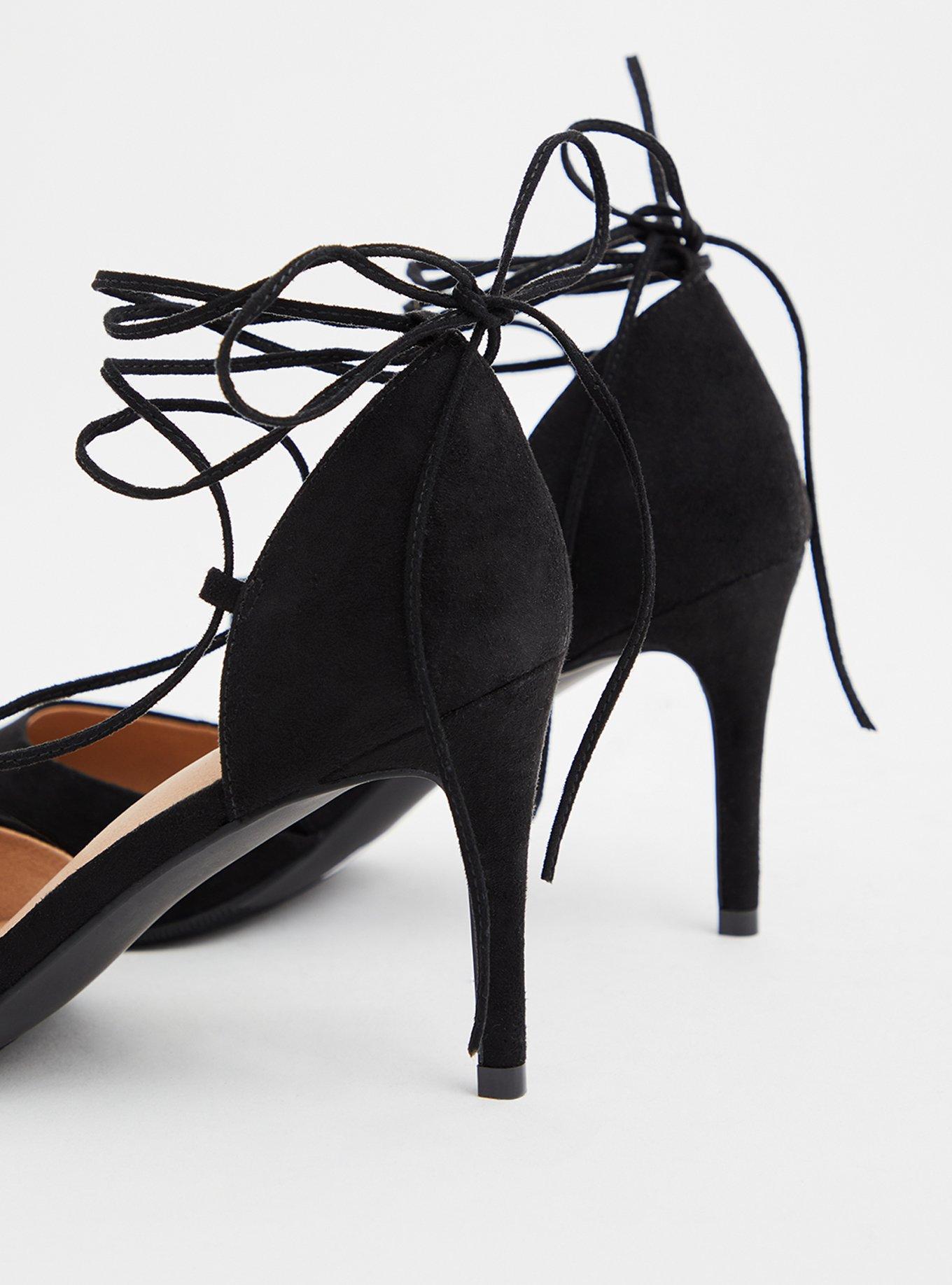 Plus Size Black Faux Suede Ankle Wrap Pointed Toe Heel (WW), , alternate
