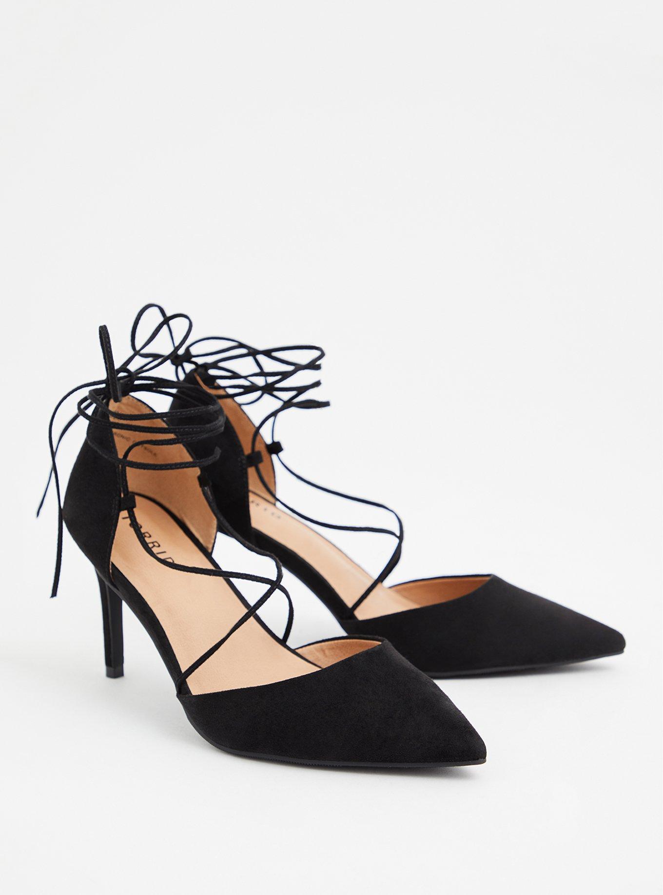 Plus Size Black Faux Suede Ankle Wrap Pointed Toe Heel (WW), , alternate