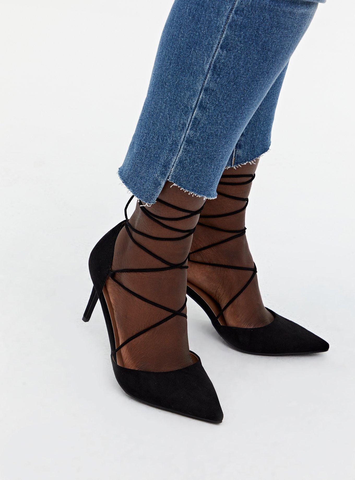 Plus Size Black Faux Suede Ankle Wrap Pointed Toe Heel (WW), , hi-res