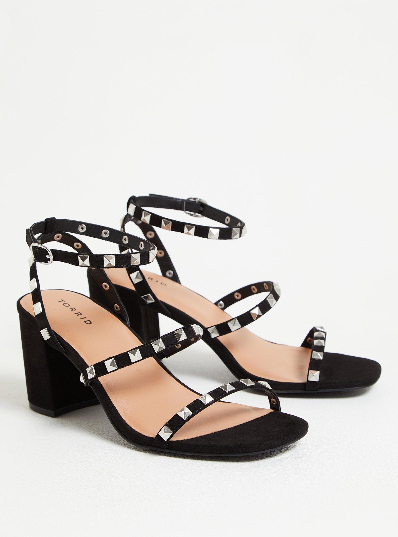  Black Studded Strappy Block Heel (WW), BLACK, alternate