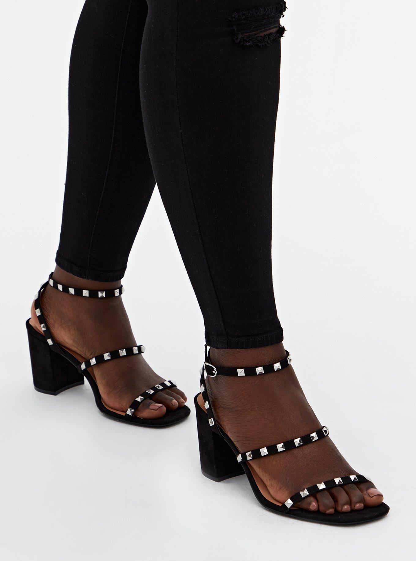 Plus Size  Black Studded Strappy Block Heel (WW), , hi-res