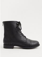 Black Faux Leather Lace-Up Combat Boot (WW), BLACK, alternate