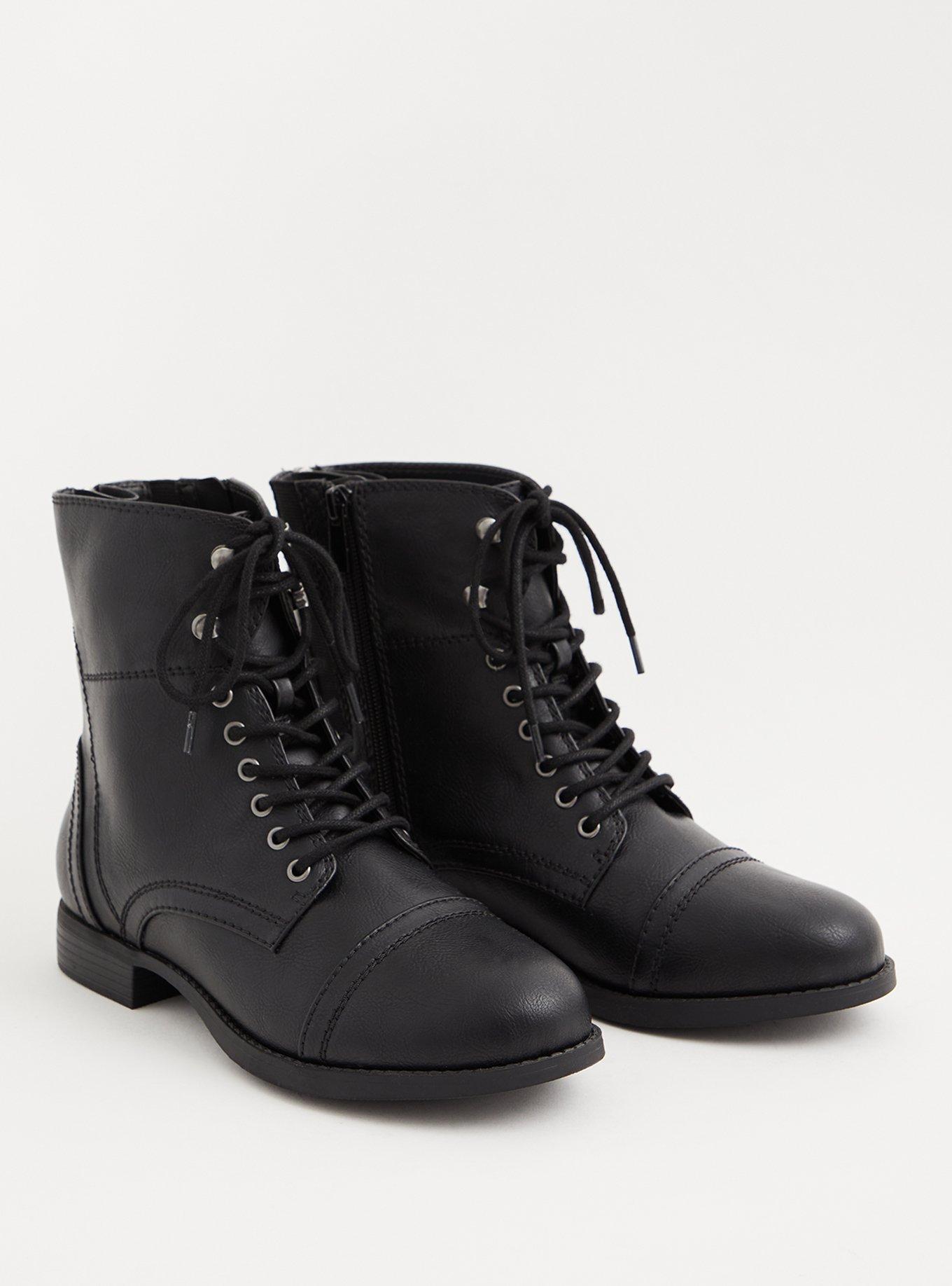 Black Faux Leather Lace-Up Combat Boot (WW), , alternate