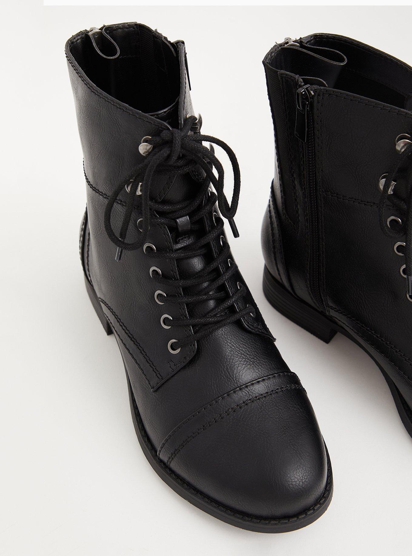 Black Faux Leather Lace-Up Combat Boot (WW), , alternate